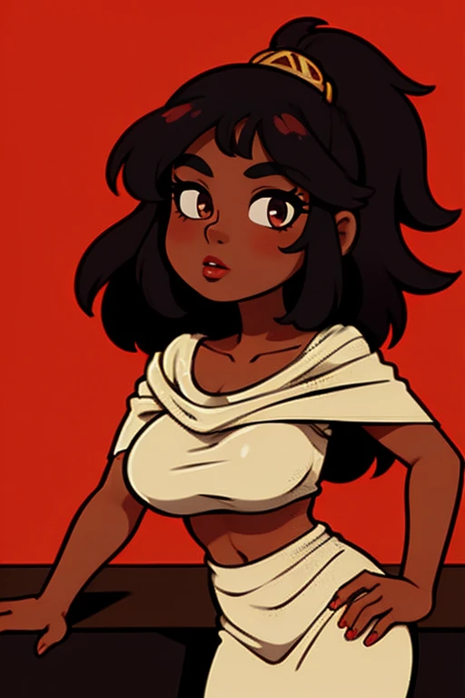 dark skinned female, Roman clothing, barnet, red lips