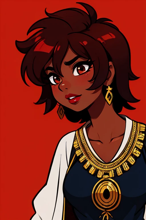 dark skinned female, Roman clothing, barnet, red lips