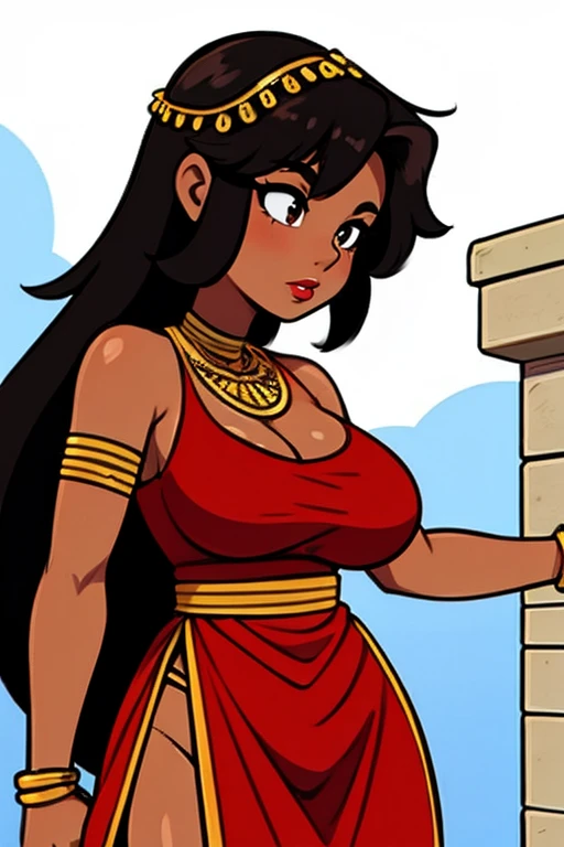 dark skinned female, Roman clothing, barnet, red lips