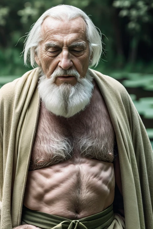 old-aged man, wrinkles,long White hair,Long white beard, dressed in a loose moss green robe his shirt was open to reveal his stomach older hairy weak and chest, arms legs neck hands feet skinny old and weak, shy and blushed, Lying in the water,water lily,lotus leaf,Closed eyes,master-piece,4K images,beste-Qualit