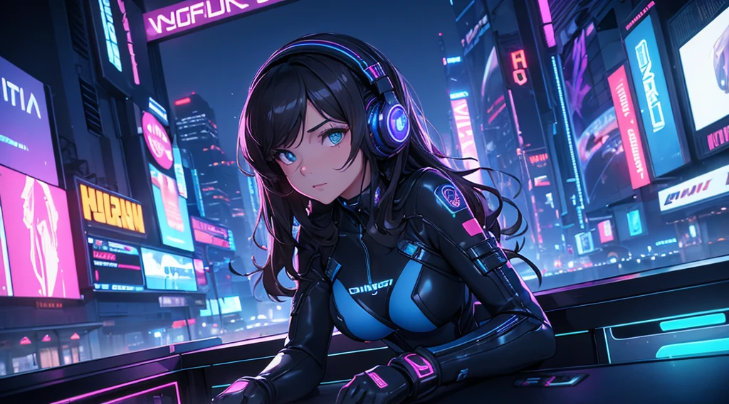 Masterpiece, best quality, dutch angle shot, 1 girl, dark wavy hair, futuristic blue body suit, headphones, looking at viewer, sexy, alluring, city at night, neon, 80s, synthwave