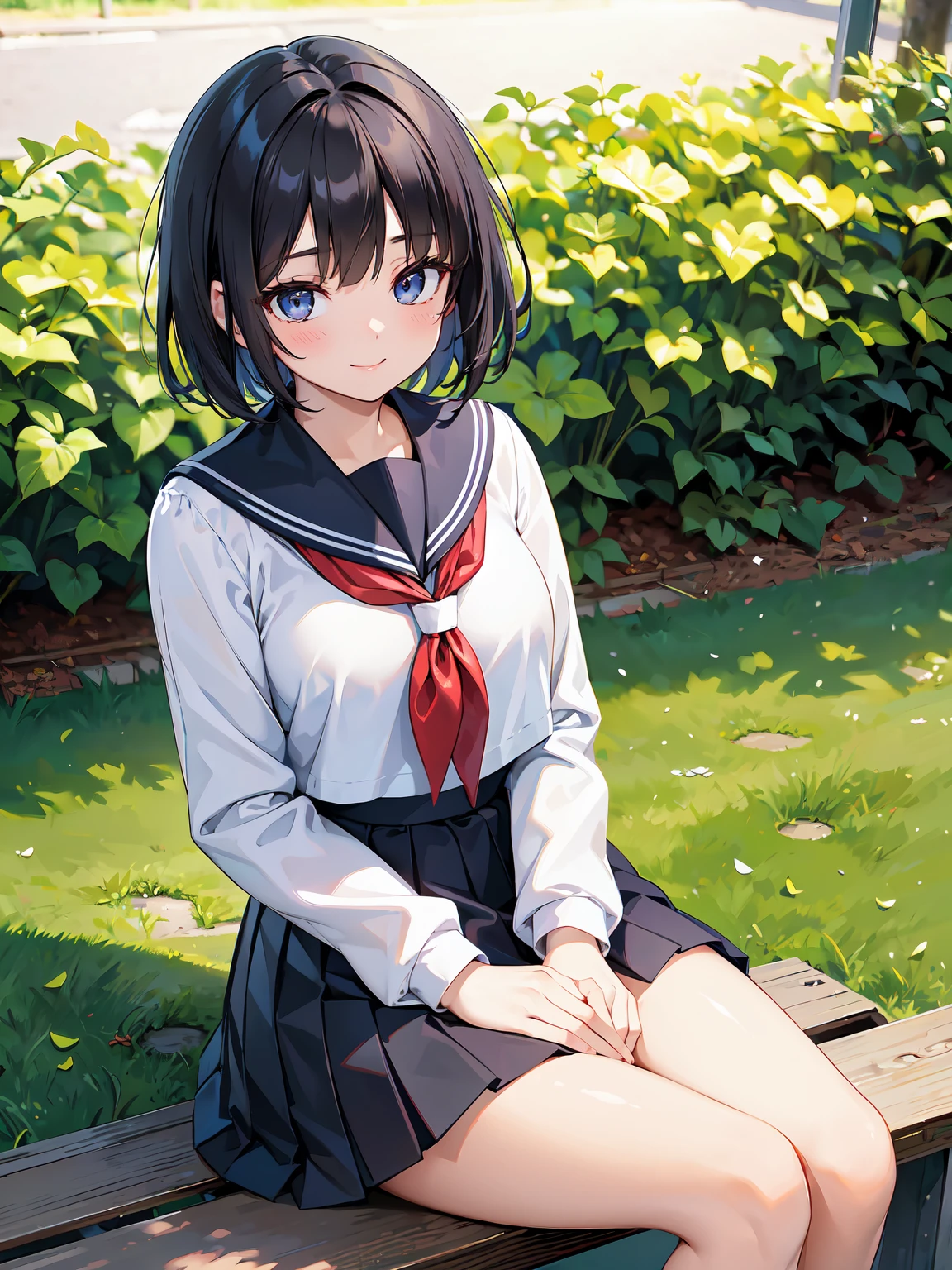 (RAW Photos, Best Quality), (animesque:1.2), (1womanl), Absurd, awardwinning photo, Extreme Detail, very intricate, ((A dark-haired, short-hair)), (The face is small), Beautiful eyes, long eyelashes, Clean double eyelids, slenderbody, ((a sailor suit, pleatedskirt)), ((huge smile)), ((a park)), (((Sitting on a bench)))，Kamimei, Angle from above, The depth of field is shallow, Realistic, Highly detailed, Photography, masutepiece, High quality, High quality, hight resolution, Professional Lighting, (glistning skin:0.9),