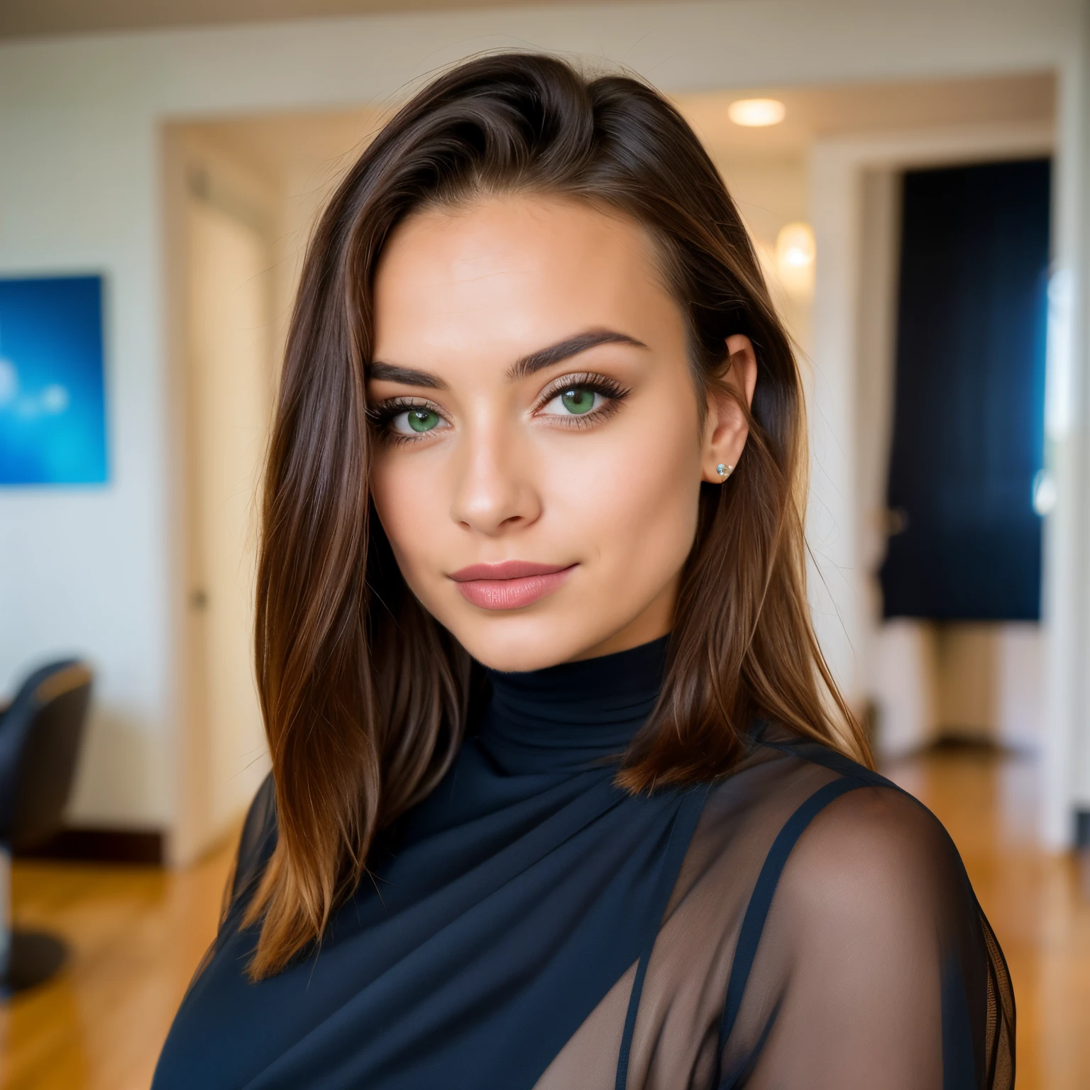 business girl, cor de pele branca, pele lisa, olhos verdes, sobrancelhas bem desenhadas, olhos marcantes, rosto detalhado realista, cabelo castanho claro realista, cabelo longo, fotografia de corpo inteiro com vista frontal de 8k, beautiful and photogenic young woman, fundo cinzento, 8k, (obra-prima, melhor qualidade, alta resolução: 1.4), com uma roupa de macacao elegante e fino, acessorios nas orelhas, maos, e no punho de alta qualidade, discreto e elegante.