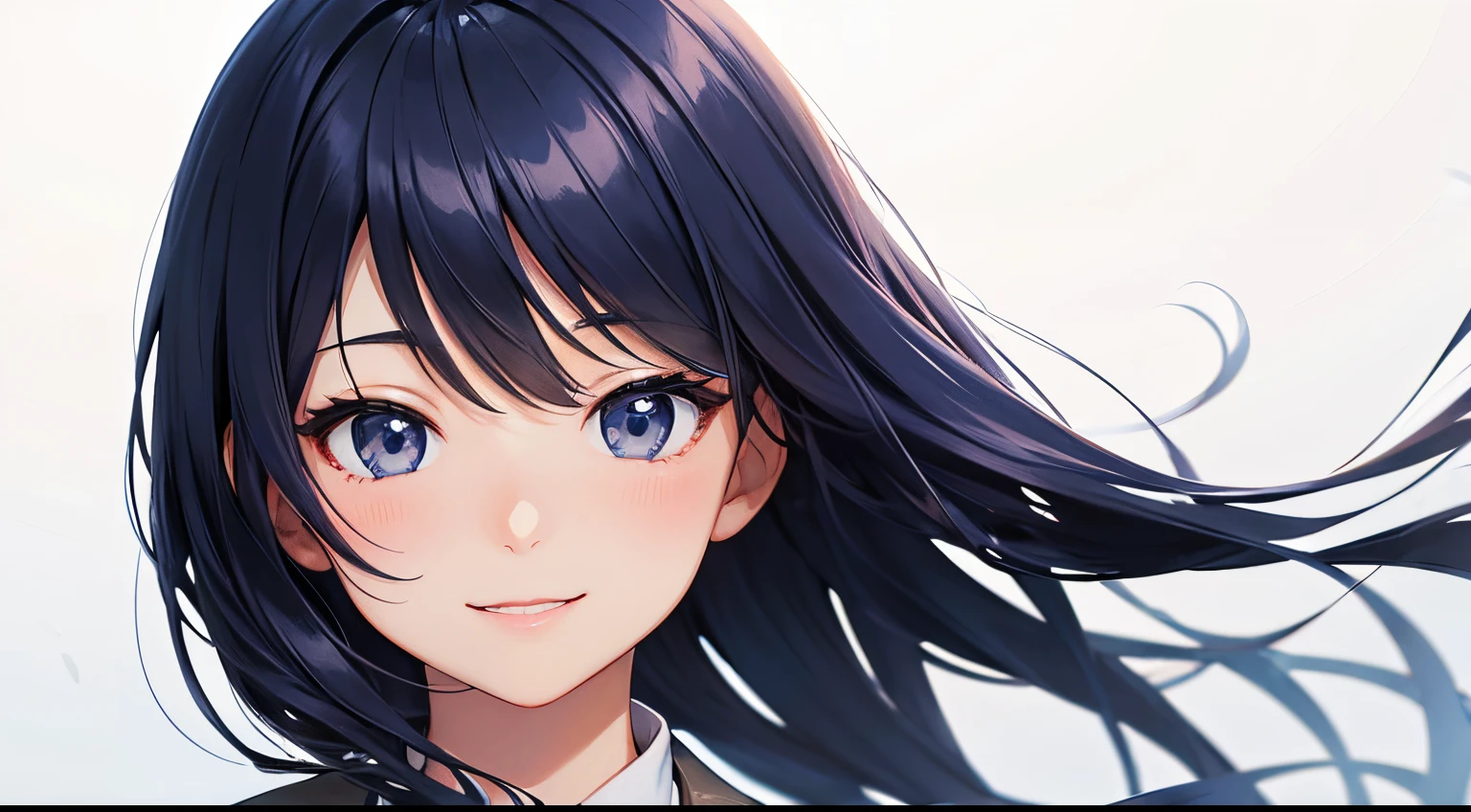 Smiling japanese girl in a navy suit with no tie,solo, from the waist up, white background, anime illustration, detailed beautiful eyes, detailed beautiful face, detailed beautiful hair with copy space wide-angle photo