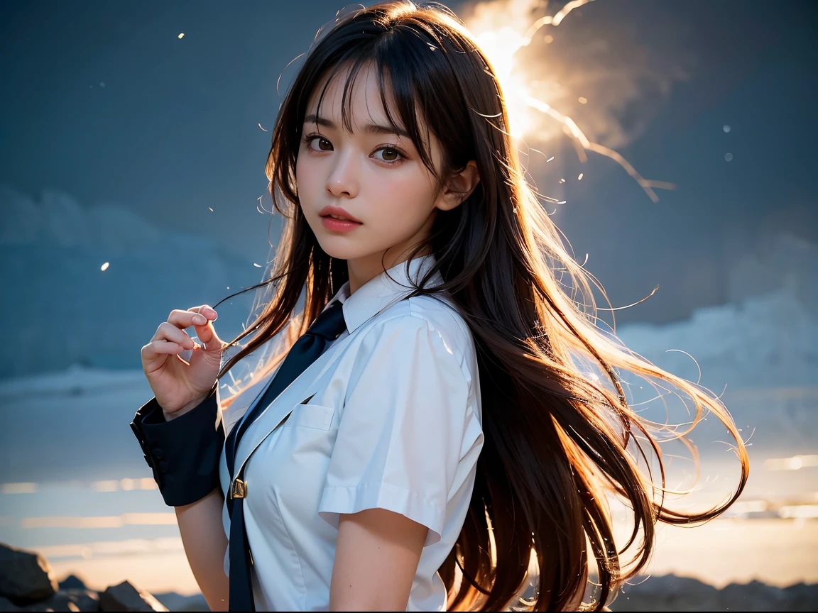 (masutepiece, Best Quality:1.2), 8K, Official art, Wearing a suit、Five Fingers Photos&#39;Body of, full body Esbian、Lightning from a wand、Suit Beauty、Big Dipper in the background、star explosion、Beautiful barefoot woman with dark hair, hold a flame in your right hand、i#39;i&#39;i&#39;i&#39;i&#39;i&#39;I&#39;m holding a snowstorm in my left hand、Bright lava light rises above the broken Earth from beneath the asteroid belt(Jagged rock rocks and fragments shot into the air:1.3) (Storm of windy dust debris:1.1) Volume fogmist by trace Z、It can allow bright light from below to pass through、 (​masterpiece) (top-quality) (detaileds) (8K) (电影灯光) (foco nítido) (Convoluted)A dark-haired、14years、small tits、A delightful、A smile、unbelievable Ridiculous, (a beauty girl, Pretty Face, arching back down, Gold hair ornament on hair、Wearing a cute suit、close up, Wearing a suit, Short sleeve, gardenia, violaceaess, spaces , Looking at Viewer, Film grain, chromatic abberation, Sharp Focus, face lights, Dynamic lighting, Cinematic lighting, Eyes and faces with detailed, Bokeh background, (Tie with Emma written on it、1 copy:1.2)