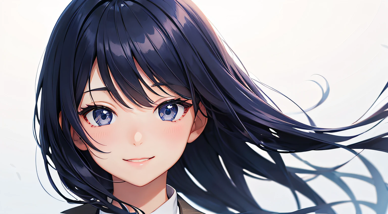 Smiling Japanese girl wearing a navy suit without a tie,Solo, from waist up, White background, Anime Illustration, Detailed beautiful eyes, Detailed beautiful face, Detailed beautiful hair with copy space　wide angle photograph