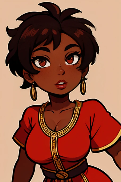 dark skinned female, Roman clothing, barnet, red lips