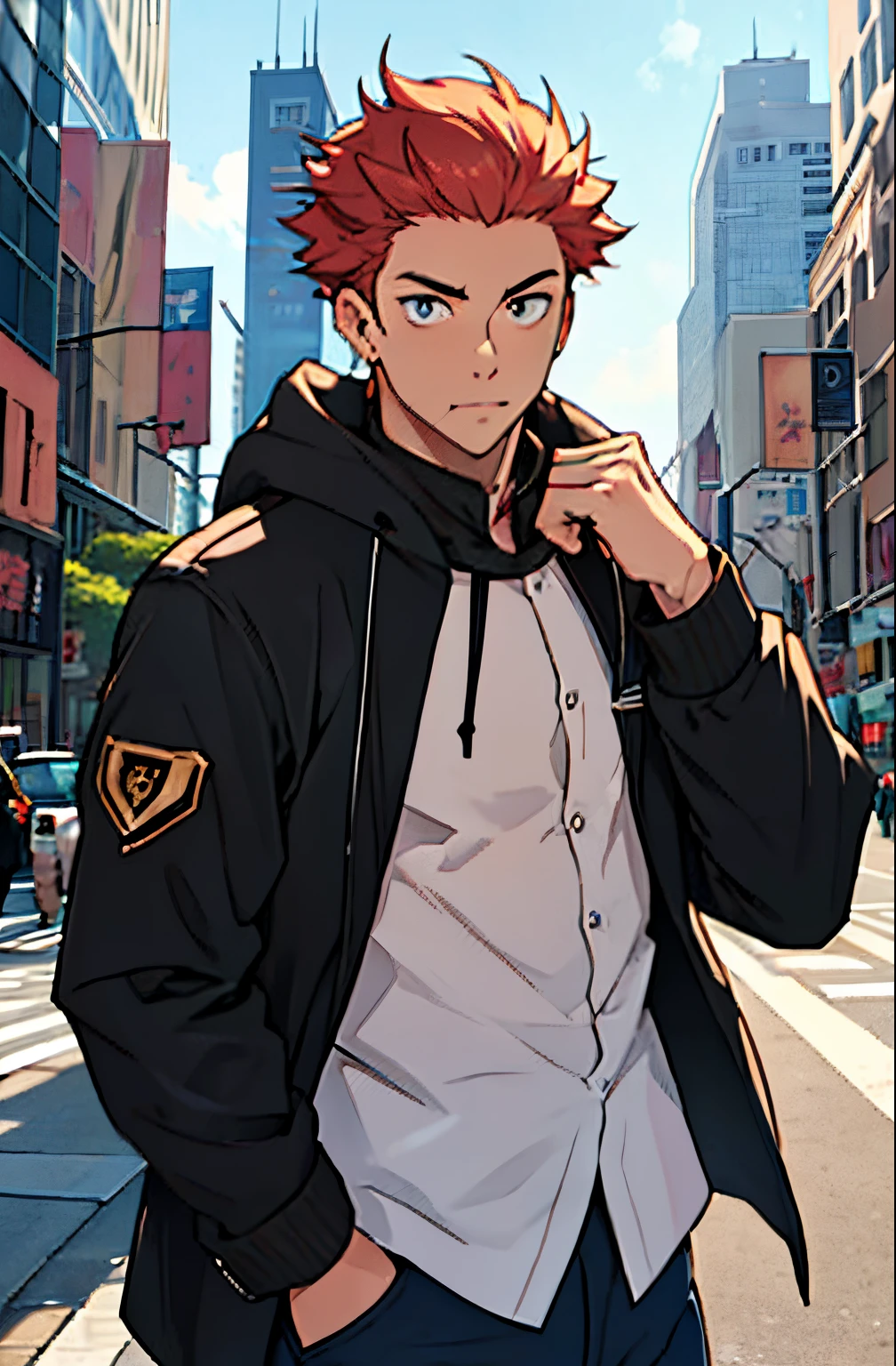 A mais alta qualidade, no meio de uma avenida movimentada estilo Times Square, apoiado em um dos postes, adolecente, lion men, wearing a cold jacket, masculo, chest a little tight in the jacket, (angulo de baixo), pernas definidas, defined arms, abdomen definido, com a camisa,