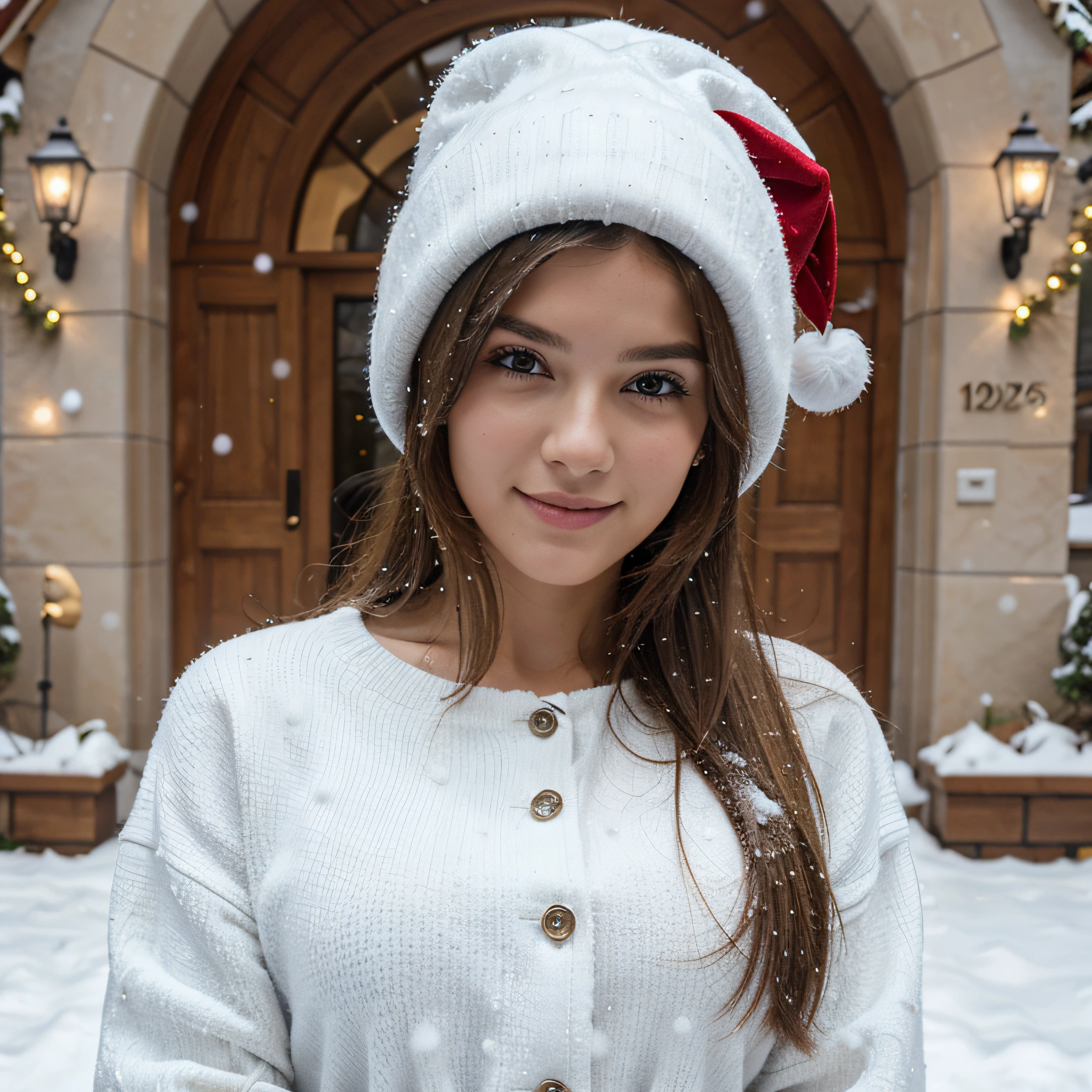 ((best quality)), ((masterpiece)), (detailed), perfect face blonde, 20 years old european girl, outside, winter, snowing, must wear xmas winter hat and outfit, hourglass shaped body, full picture, instagram post, smiling