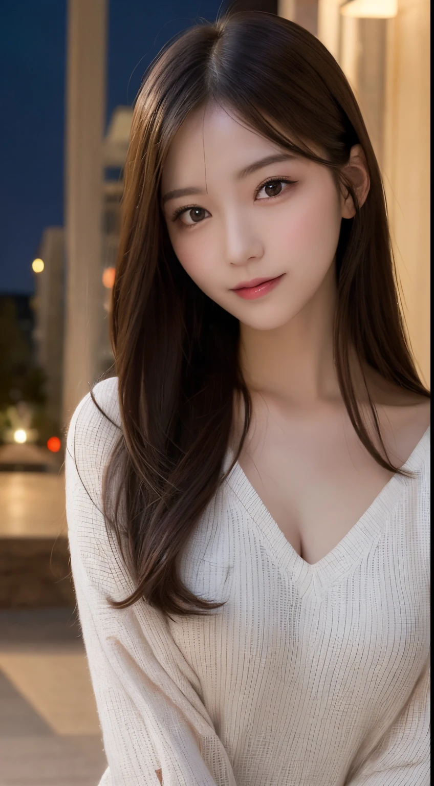 masutepiece, Best Quality, Illustration, Ultra-detailed, finely detail, hight resolution, 8K Wallpaper, Perfect dynamic composition, Beautiful detailed eyes, Women's fashion in winter,straight haired,small tits、Natural Color Lip,Smile,Hotels、20 years girl、Cute、Sexy look looking at the camera,nighttime scene