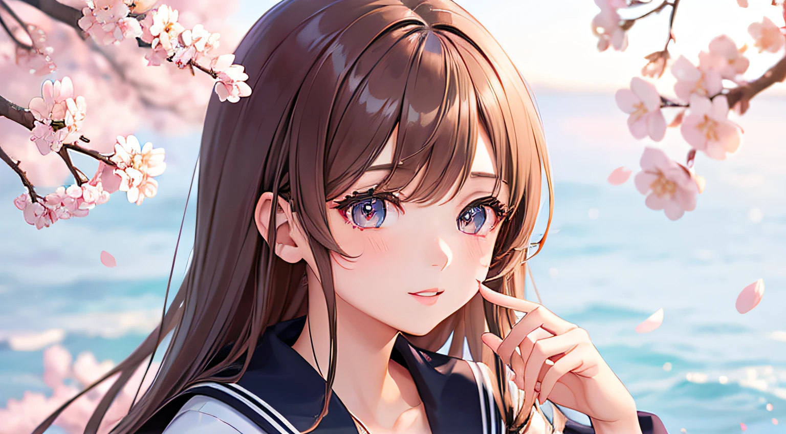 Girl in sailor suit, The background is cherry blossoms, Anime Illustration, Detailed beautiful eyes, Detailed beautiful face, Detailed beautiful hair with copy space