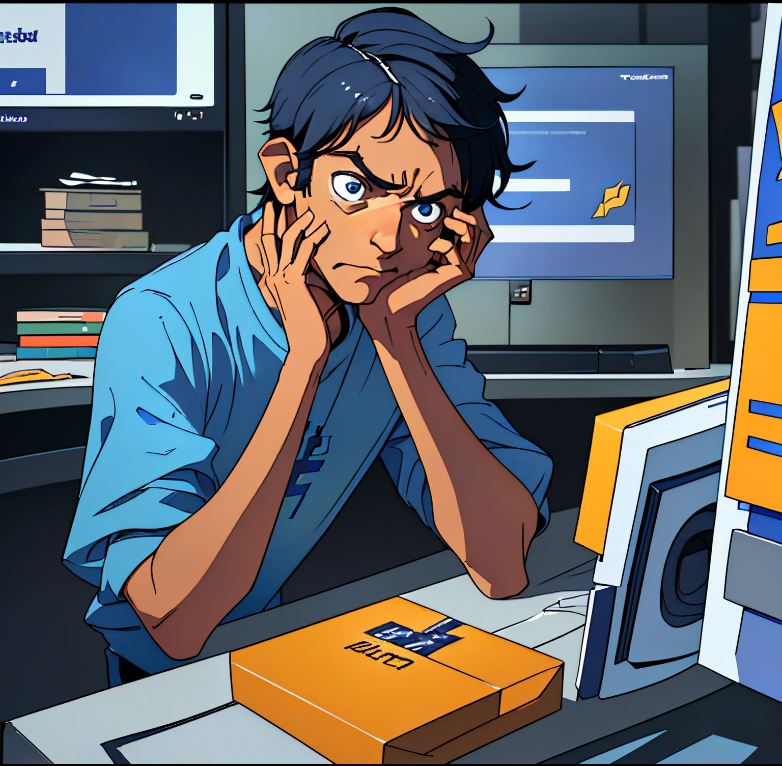 (melhor qualidade, obra prima), (((1 homem, Um homem sentado em uma mesa, olhando para a tela do seu computador navegando no facebook, look of frustration.))), cinematic quality and filter.
