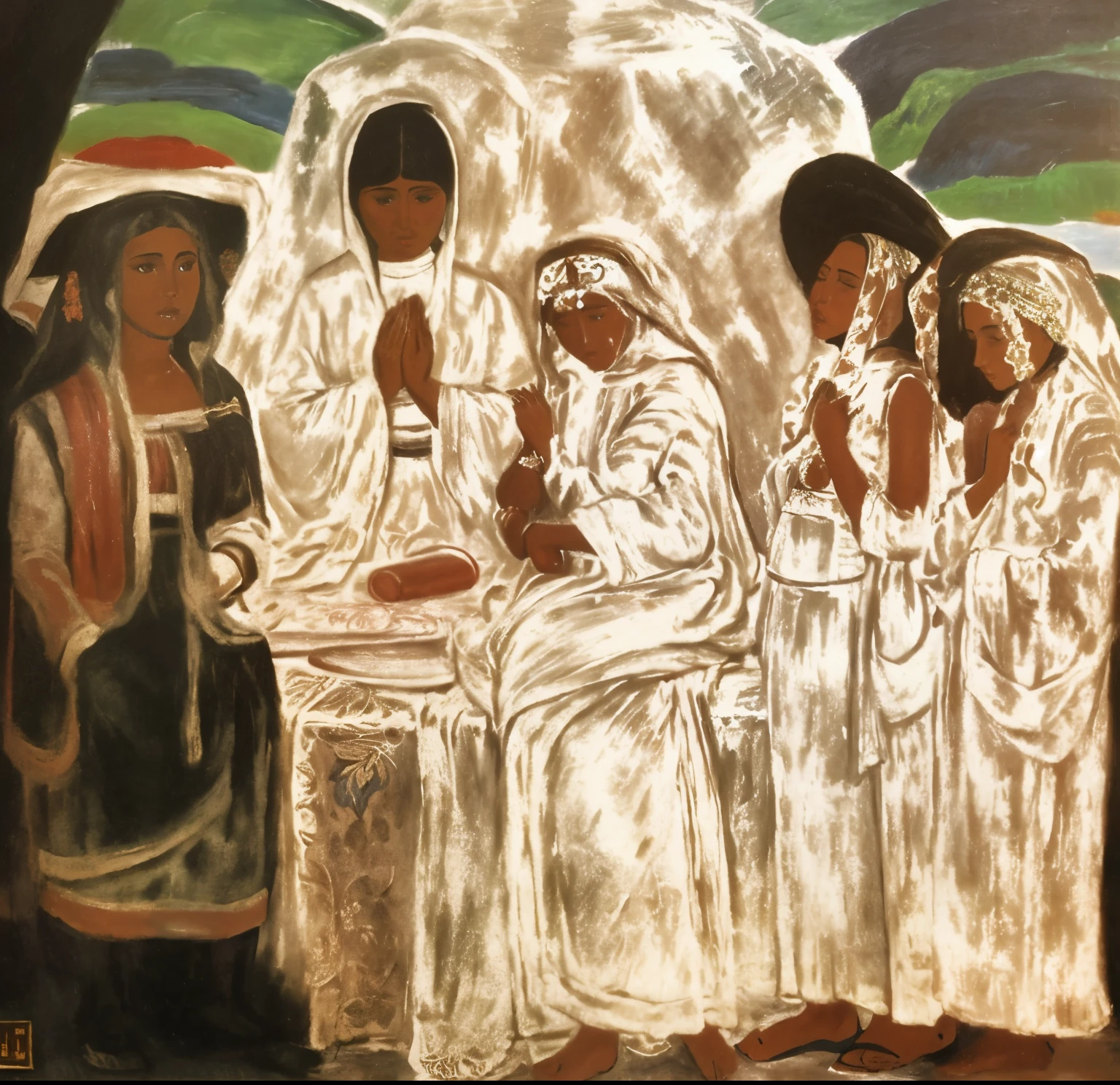 The painting shows three women in white dresses standing in front of a painting, white figure painting, Figures in robes sit around a table, author:Jose Clemente Orozco, Pavel Filonov, Kalevala, Spiritual scenes, author:Marianne von Welfkin, Three Marys in the Tomb, Folk art, Diego Rivera, mixed race
