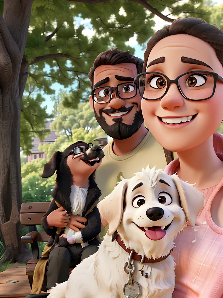 a family consisting of a young man with a thick beard and smiling holding his medium black dog that is about to lick you and a young woman with glasses holding her dog smiling on a bench in a park