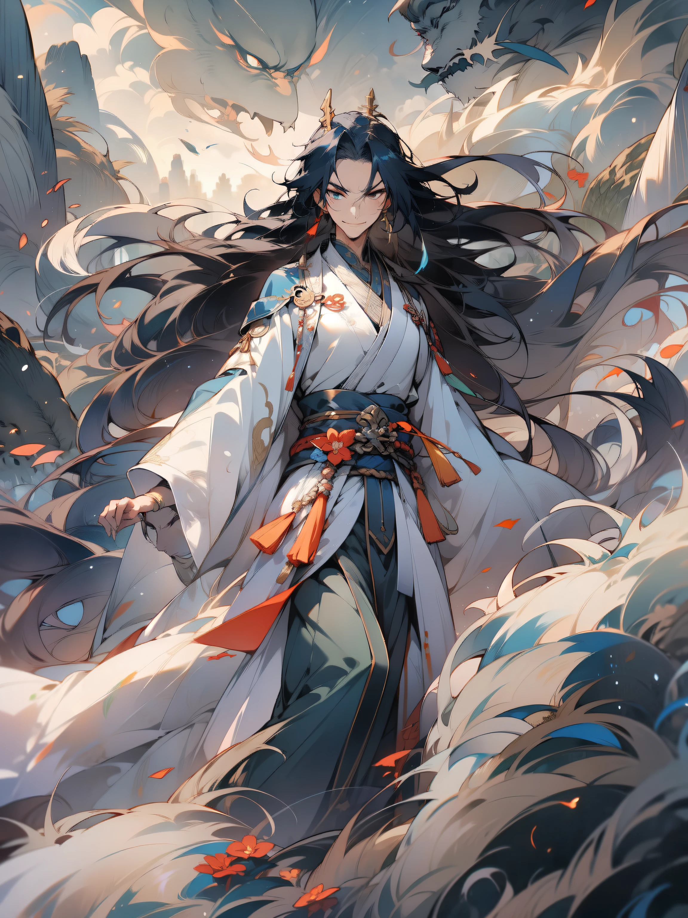 Feixian, sand, forest, water and green mountainlying sword,long hair flowing,surrounded by cloud,Taoist robes and white clothes,See you shameless,evilsmile