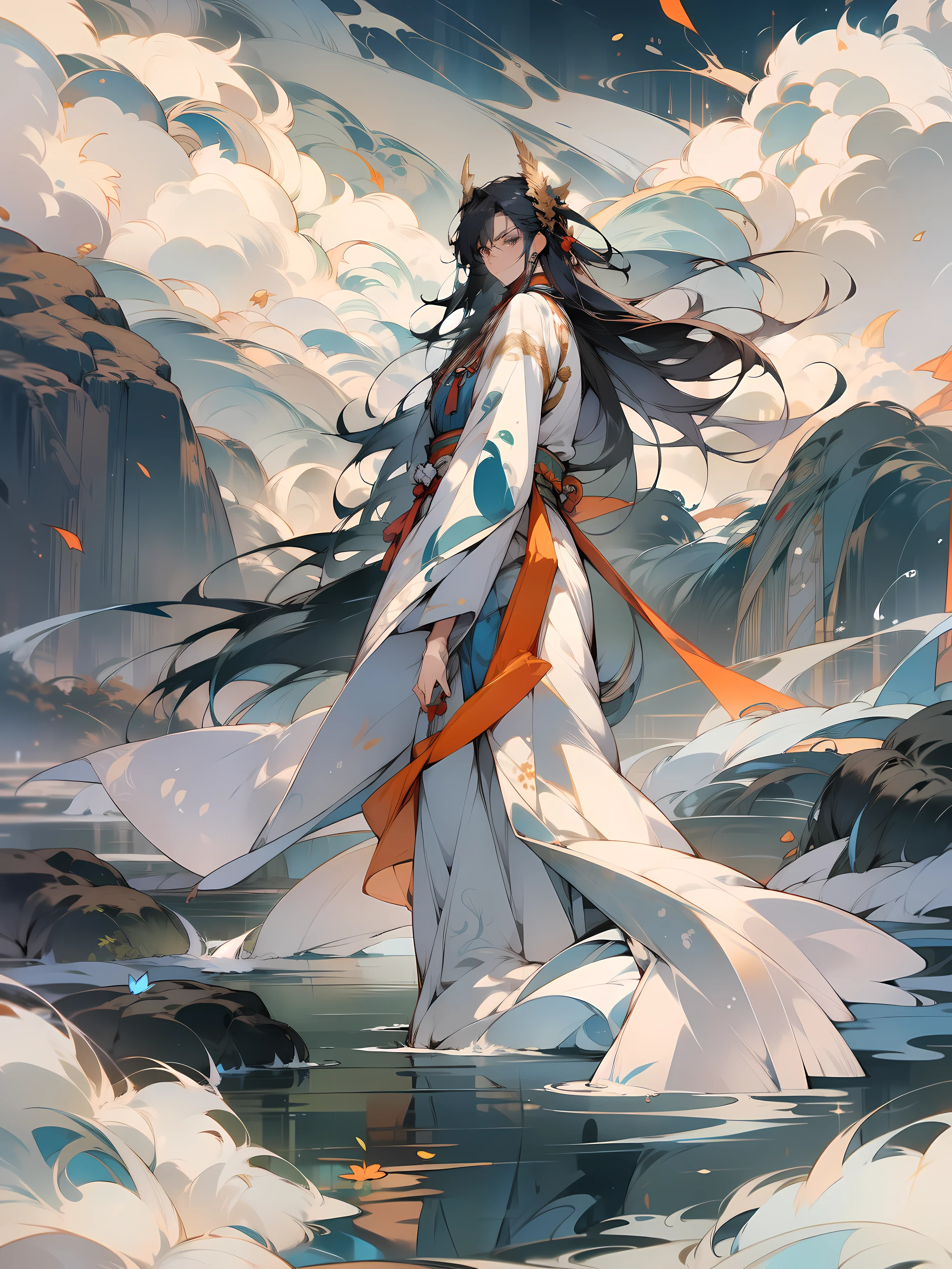 Feixian, sand, forest, water and green mountainlying sword,long hair flowing,surrounded by cloud,Taoist robes and white clothes,See you shameless,