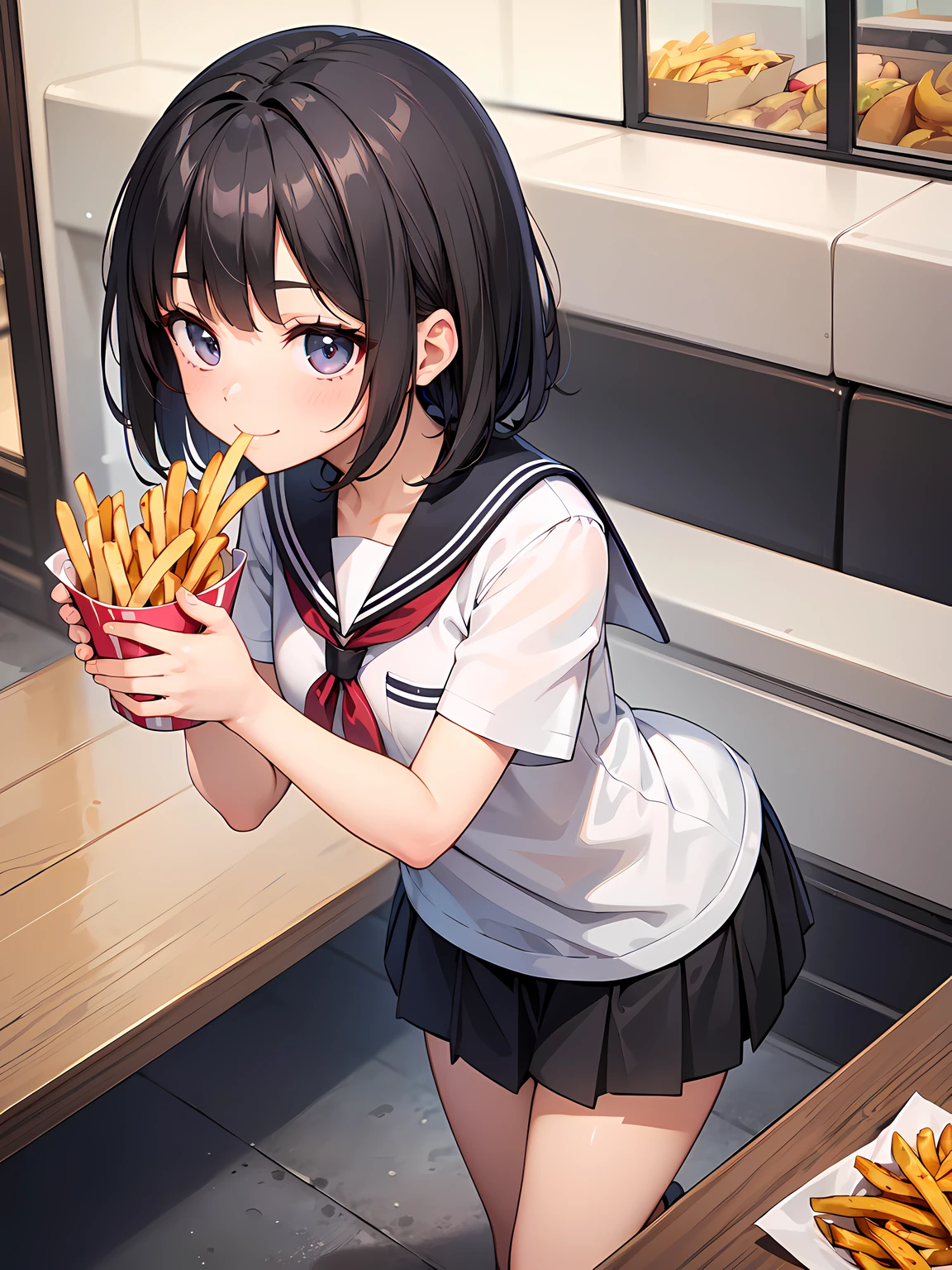 ((portfolio:1.2)),Perfect hand drawing、((eating hamburger:1.2)), (Angle from below:1.2)、Beautiful body lines、1 beauty, (thick neck:1.4)、(broad shoulders:1.4)、(Smaller face)、(pointed breast:1.6)、Model body type、(Smaller chest:1.2)、17 age、Sharp eyes、Watery Big Eyes、Impatience and shy laughter:1.2、((student clothes:1.4))、Shirt and knee-length skirt、(facefocus:1.4)、evening、Extremely detailed, Detailed background, Cinematic lighting, (Pull up your skirt to show your underwear:1.2), (Lace bra visible through unbuttoned shirt:1.2)、(On campus:1.2)、(Inside a fast food restaurant:1.2)、Footboard beauty