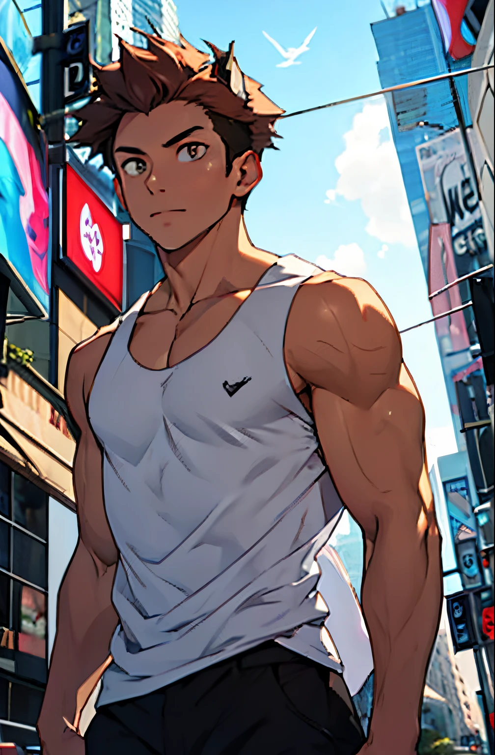 A mais alta qualidade, no meio de uma avenida movimentada estilo Times Square, inverno, apoiado em um dos postes, adolecente, lion men, wearing a tank top , masculo, chest a little tight in the jacket, (angulo de baixo), pernas definidas, defined arms, abdomen definido, com a camisa,