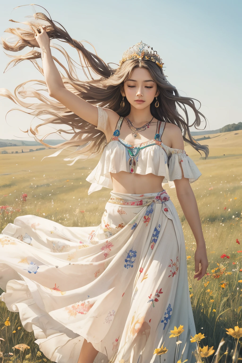 A hand-painted watercolor image of
a bohemian woman, adorned with a
crown of wildflowers and dressed in
a flowing, patterned skirt. With her
arms gracefully raised, she dances
barefoot in a field of tall grass,
capturing the essence of boho
freedom and joy. White background.
--s 100 --q 2 --v 5.2
