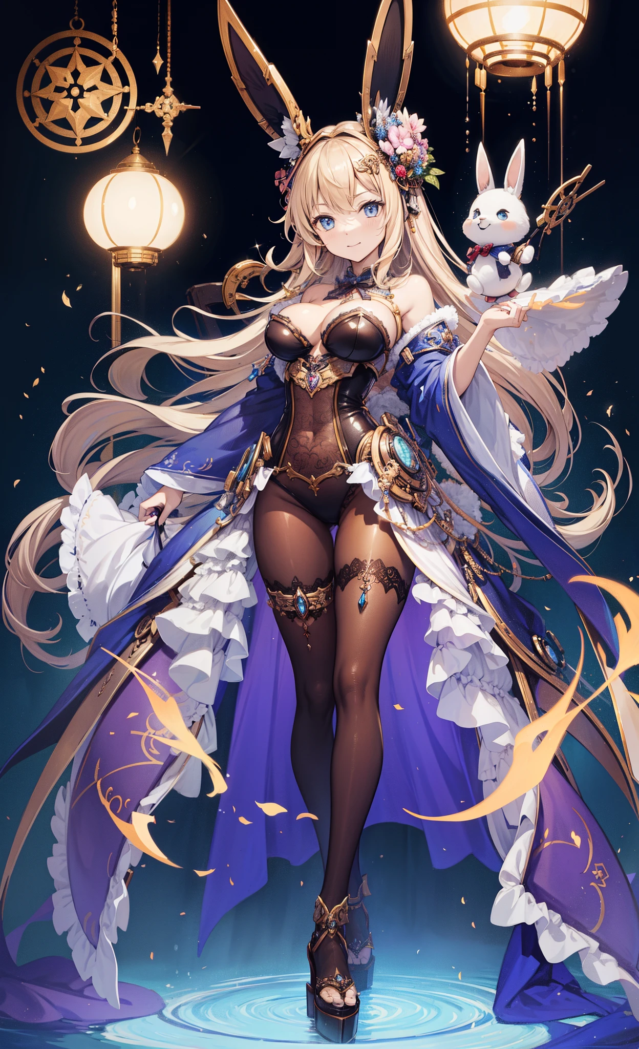 Japanese anime style steampunk illustration、Dimly lit luxury club at midnight,Mechanical prosthetics that only glow under incandescent lights,Comes with steampunk-style mechanical prosthetics and steampunk-style legs、steampunk bunny headband、Steampunk Bunny Suit with Chest Exposed Shirt,Gorgeous princess dress,Highlight the slender and transparent crotch、large bust、obsessed,lacivious pose,Beautiful robot girl serving customers,lacivious pose,Obsessed
