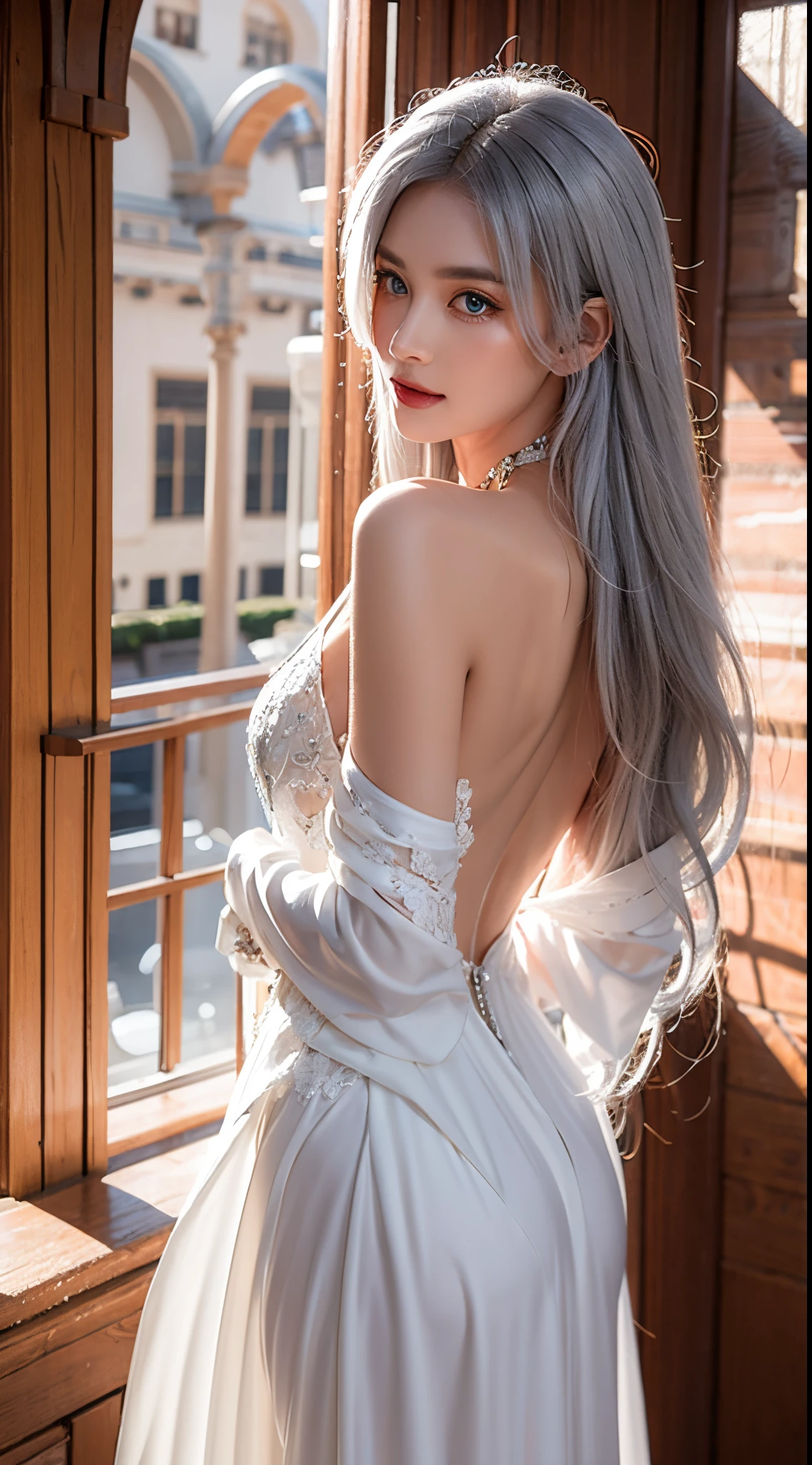 realistically, A high resolution, gentlesoftlighting, 1 woman, Alone, butt lift,Look at the audience， (eBlue eyes, Long gray hair, White hair), wedding gown, bridal gown, ([Luxury tuxedo: :12][:wedding gown:7]:1.4), ( the face:1.3), Indoors, through bangs,choker necklace, , (cathedrals, Weddings:1.2), Heavy lace，8k，​masterpiece，Master works，