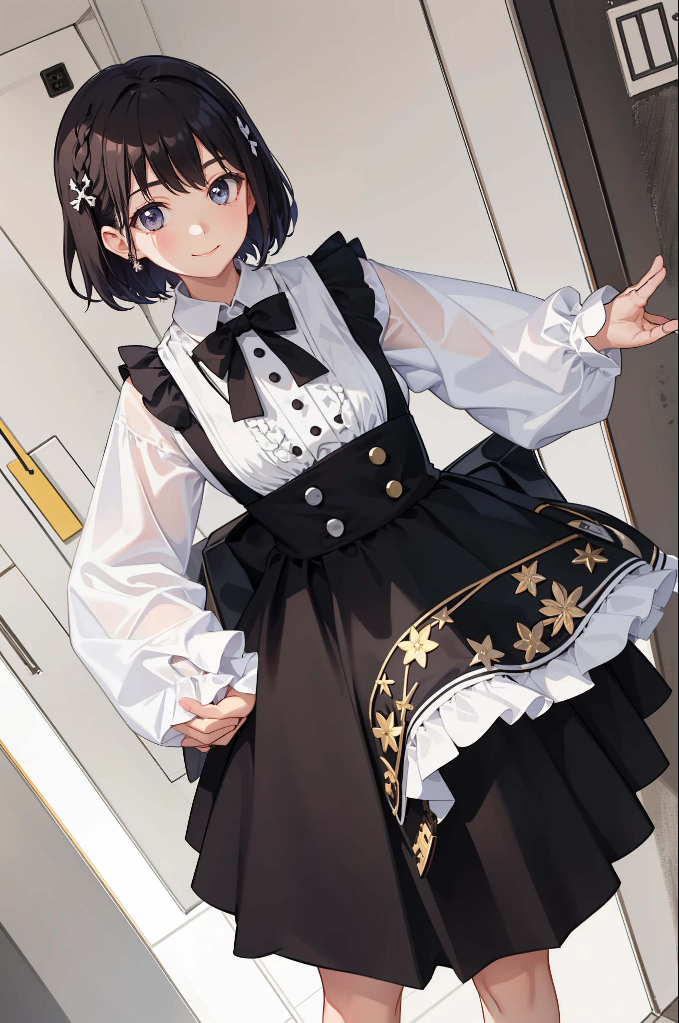 1girl in、A smile、A delightful、skirt by the、(small tits)Chilarism、doress、pinafore,,,,,,、Maidvement hair ornament、