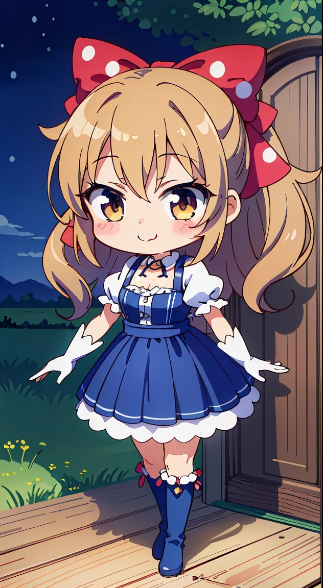 (masutepiece, Best Quality, Perfect Anatomy, High quality:1.4), nice hand, Perfect hands, Detailed beautiful hands, Large_filesize, fulcolor, hight resolution, symmetric, exceptional, Best aesthetic, newest, Anime, very beautiful detailed body,The hair,faces,The eye,(Chibi,Full body:1.6),BREAK,



1 beautiful girl(Cute:1.5),(Chibi:0.5),(kawaii:2.0),(Lori:2.0),(7 year old girl),(Solo:1.65),BREAK, (flat chest:1.2,), Clear skin, Beautiful skin, Shy, One Beautiful Girl,Colossal tits(Hair Bow, reddish brown hair, Twin-tailed:1.2), (Brown eyes, long eyelashes, Double eyelids: 1.2), BREAK, Star \(symbol\, (gloves, White Gloves:1.3), (bug, Dress,polka dot:1.3) , Looking at Viewer,(long boots:1.2),Shiny skin,Clear skin, Beautiful skin,(best quality face),(Top quality glowing eyes), (The best smile,Doya face:1.45), 

BREAK ,(plein air),
( Landscape background :1.3) ,
(very beautiful woman from the front door :1.3) ,
(the woman arrived home :1.3) ,
(opened the entrance door :1.4),
(SWAT standing:1.3),
(the i&#39;full of shyness :1.4),
(timid :1.2) ,
(upward looking gaze :1.2) ,
Looking Up ,
From  above ,depth of fields,

 BREAK,wakame,wakame,wakame,(Cowboy Shot:1.4), 

BREAK,(Blurry background:1.3),(absurderes, hight resolution, Super Detail Art),cel shading,Clear Color, Lonely optical effect, Beautiful pictures, Bright glow, mystic atmosphere,(Close-up of girl:1.1), Mystical light particle effect,manga influence, clean line drawings,