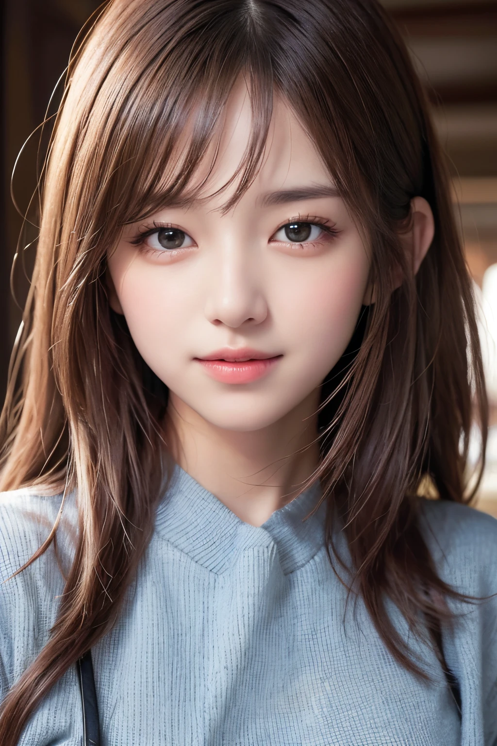 ​masterpiece, The highest image quality, hightquality, beautiful a girl, japanes, Japan schoolgirl, Popular Korean Makeup,Sweater that kills virgins、 detaileds, Swollen eyes, A detailed eye, Detailed skin, Beautiful skins, 超A high resolution, (现实:1.4), very extremely beautiful, Slightly younger face, Beautiful skins, slender, (A hyper-realistic), (hight resolution), (8K), (beautifully detailed eyes), (ultra-detailliert), (wall-), (详细的脸), looking at the viewers, finely detail、A detailed face、pureerosfaceace_v1、A smile、Looking straight ahead、Looks straight from the waist up、photos realistic、Bright lighting、length hair、Winter City