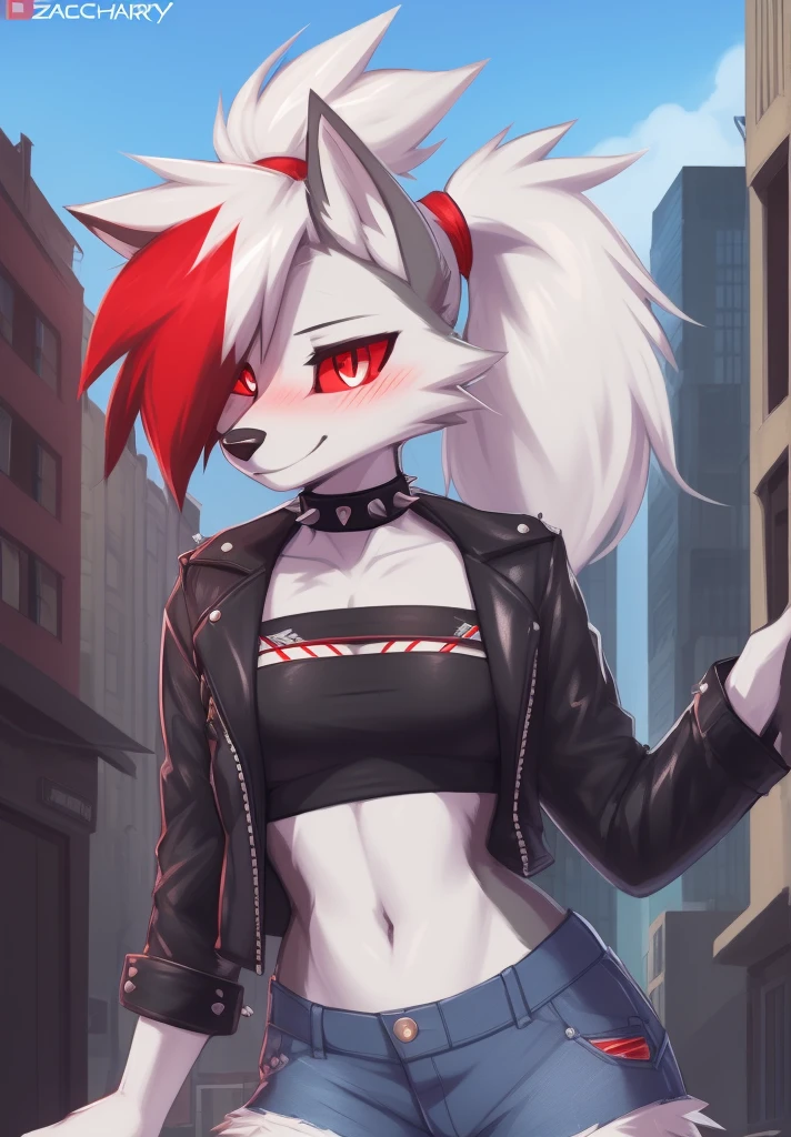 zackary911, by zackary911, anthro, lycanroc, hellhound, grey fur, female, solo, 1woman, small breasts, shorts, leather jacket