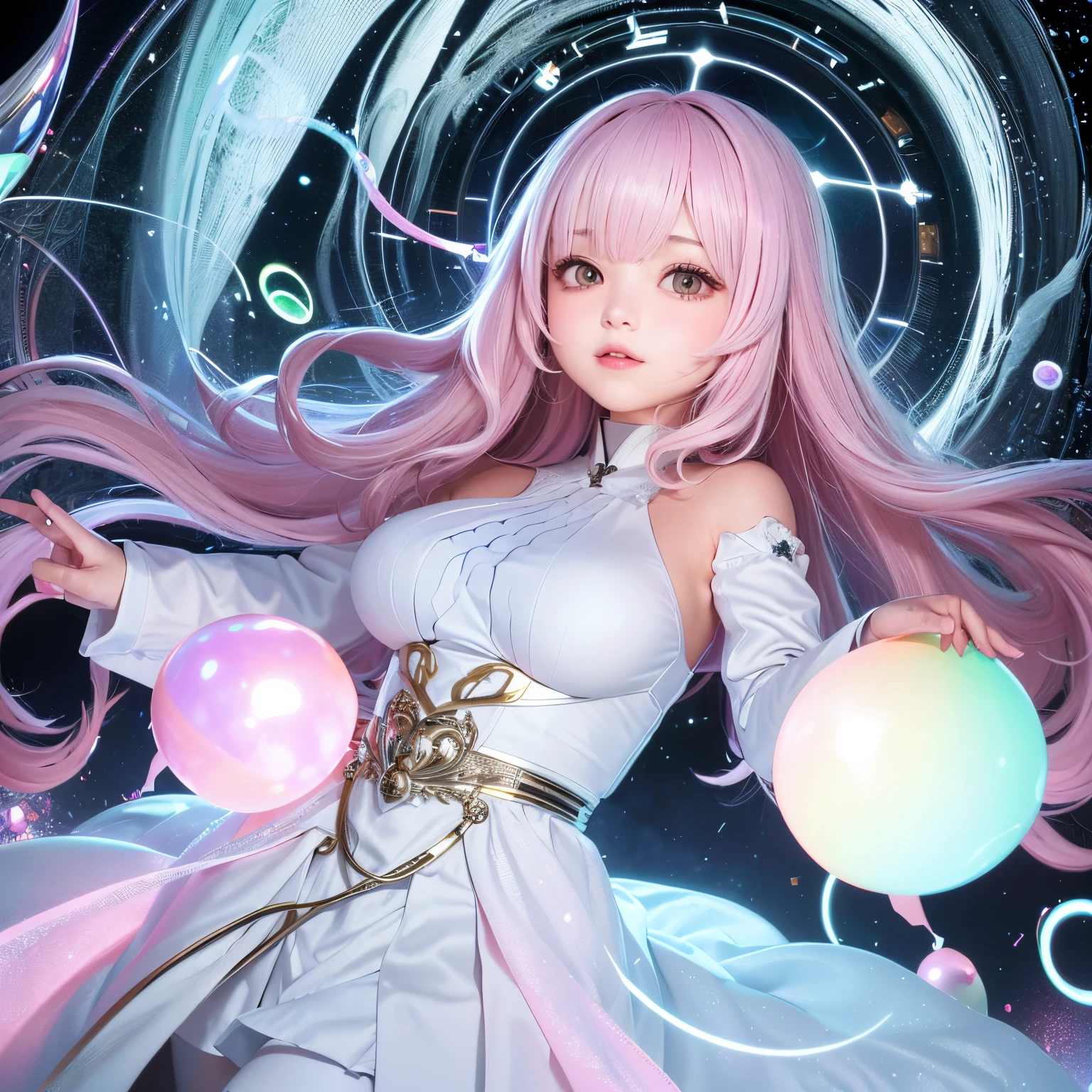 The upper part of the body、one girls、i have silver hair color、Two-tone、(Pink Highlight Hair、Curly hair/very big breasts、Priest、Has a wand with a large glowing sphere、Countless glowing spheres float、Glowing soap bubbles、