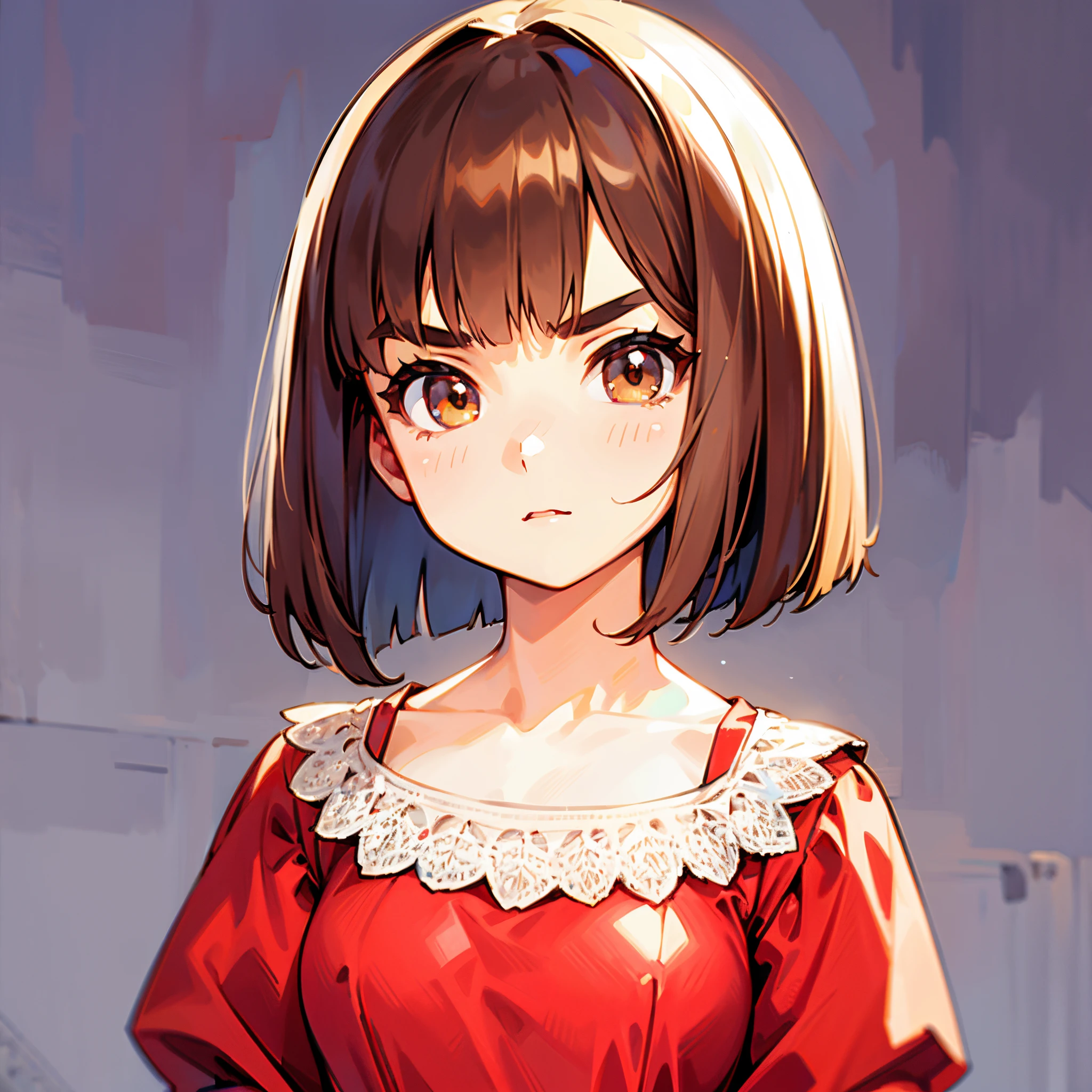1littlegirl, short fluffy brown hair, bob cut, brown eyes, bushy eyebrows, medium breast, red peasant dress, solo, best quality, masterpiece, portrait, simple background, looking at the camera, from the front, detailed, perfect anatomy, detailed art, high definition, 4k, high resolution