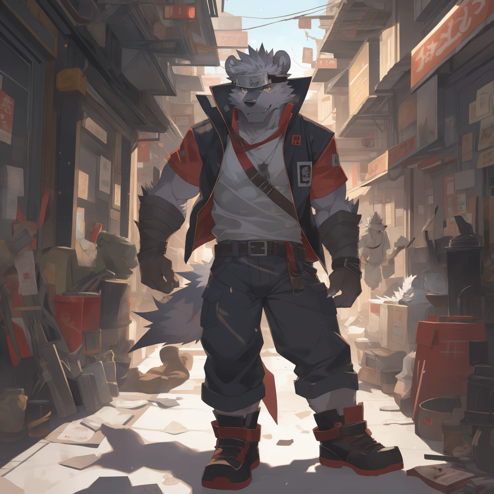 hi res, polar bear \(dnd\), (textured skin), full body, , yellow eyes, muscular, spiky hair, male, t-shirt, (parka, jacket), fully clothed, room, (cyberpunk), street, neon light, standing, outdoor, detailed eyes, high quality, best quality, (anatomically correct: 1.2), [by (by canyne khai, (by takemoto arashi), by null-ghost, by kiyosan, by milkytiger1145, by littleblackalas)]