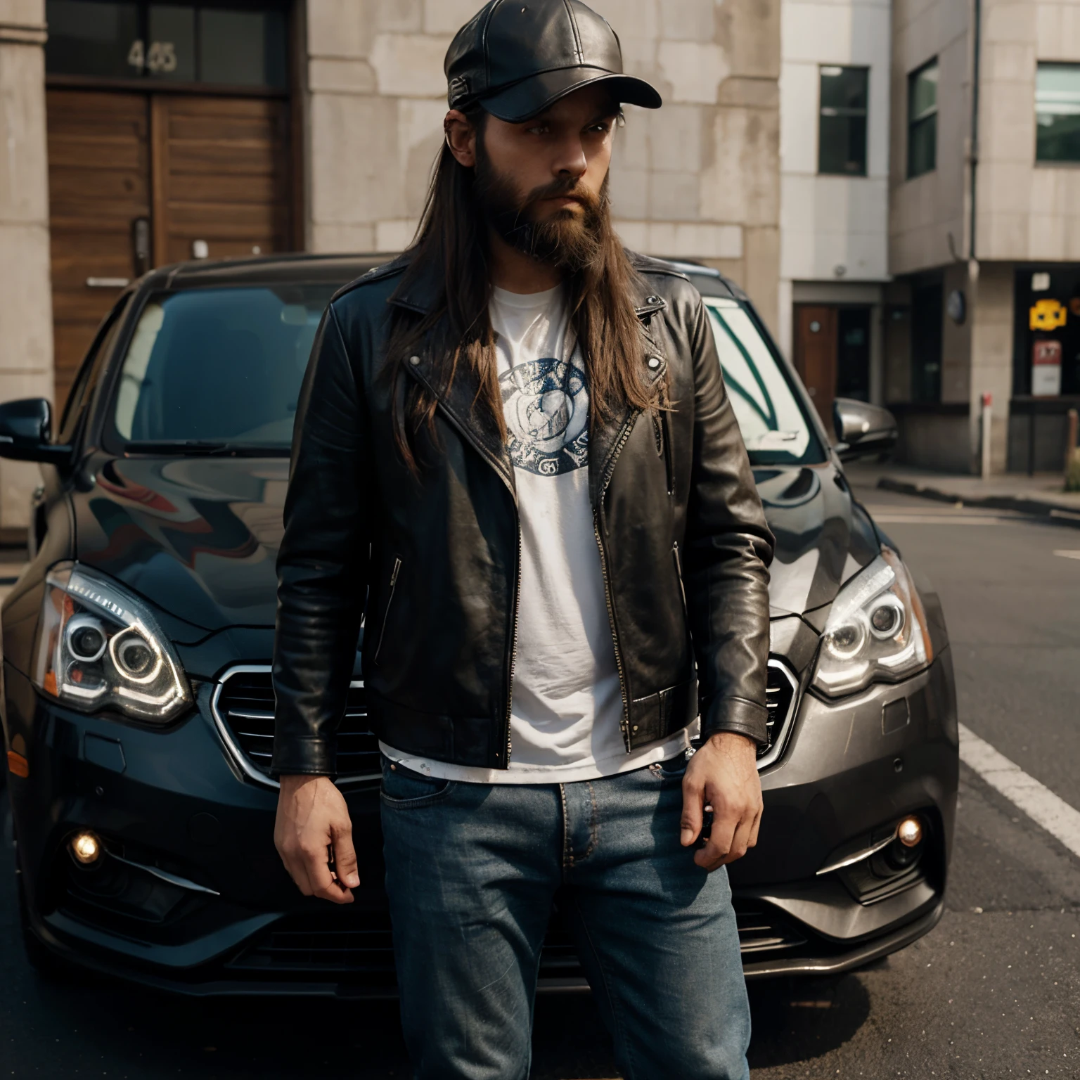 person wearing cap and round face long hair short beard and wearing leather jacket standing front of the car