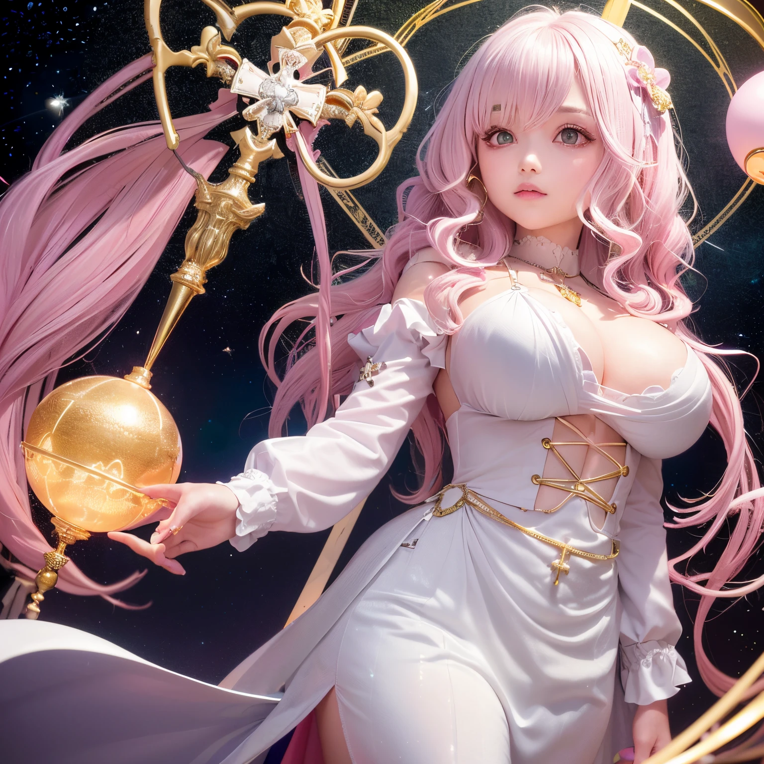 The upper part of the body、one girls、i have silver hair color、Two-tone、(Pink Highlight Hair、Curly hair/Very big breasts、Priest、wearing a gold cross necklace、he has a cane with a big glowing ball on it.Countless glowing spheres float、Glowing soap bubbles、