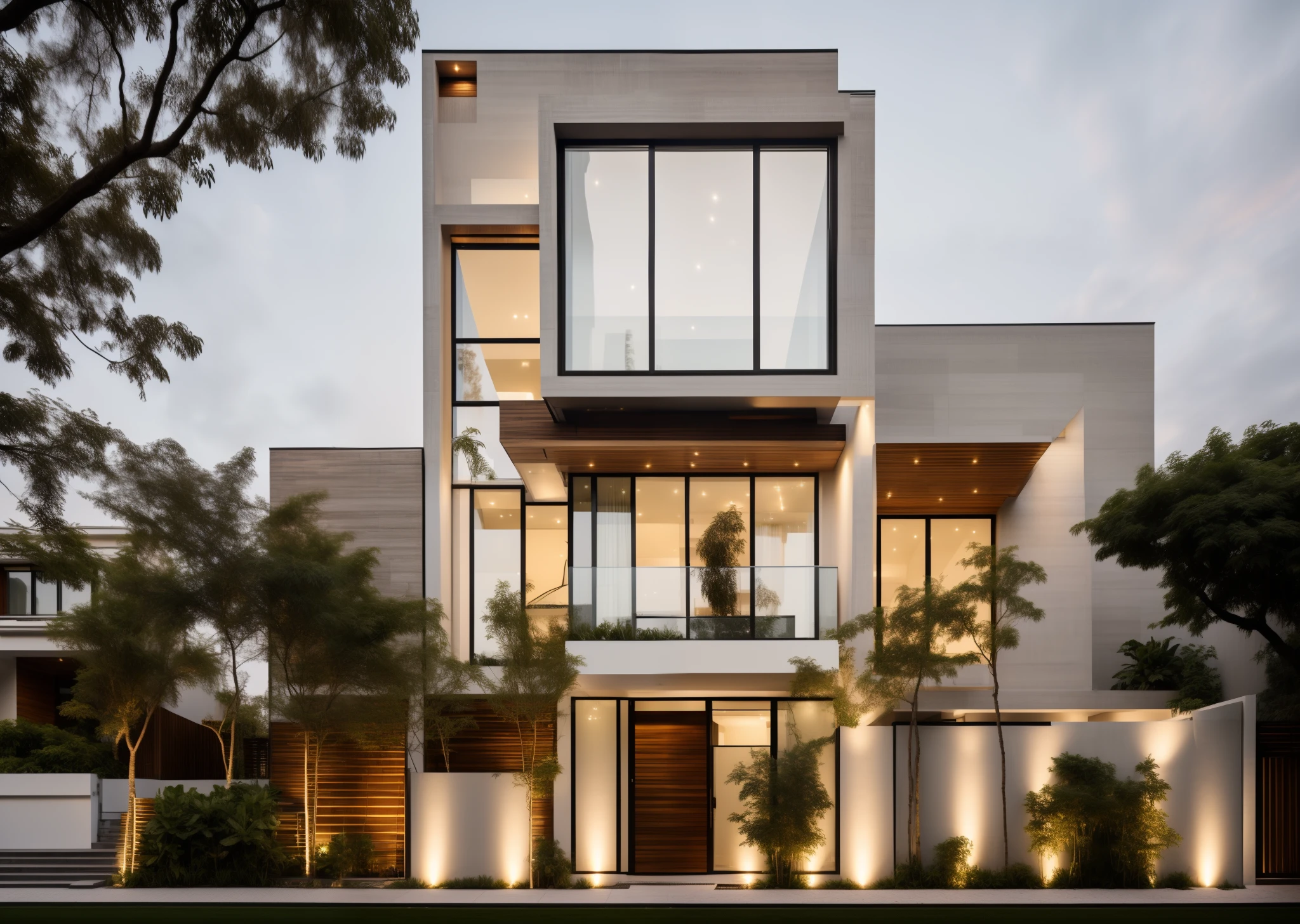 a view of a modern townhouse, main material by white wall and stone and wood,3rd corner house,standing wooden slats, glass railing,iron column I, 1 road runs in front of the house, (RAW photo, real, best quality, masterpiece:1.2), look morden minimalist, 1 road in front of the house, shime ring light, light brighteness from indoor:1.2, dynamic lighting:1.3, (hyper realistic, photo-realistic:1.2), high quality, day lighht, hight contrast :0.5 perfect lighting, archdaily, award winning contemporary, contemporary masterpiece, well-designed masterpiece, neotraditional modern, midcentury modern, contemporary house, hip modern vibe, a long-shot from front, award winning modern design, stunning lines, residential, subtle detailing,Green tree in front of the house, (((sunset light))),house in residential area, ((white wall), (light inside the house)