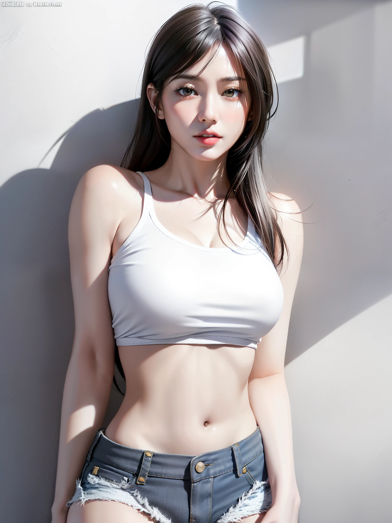 Fader Asian woman in white top and denim shorts posing for photo， portrait of tifa lockhart， realistic shadow perfect body，  ff Tifa， of anime girls， [ 4 K digital art ]!,photorealistic anime girl rendering， Tifalok Heart， Realistic perfect body， Tifa Lockhart with gray hair， Complete body