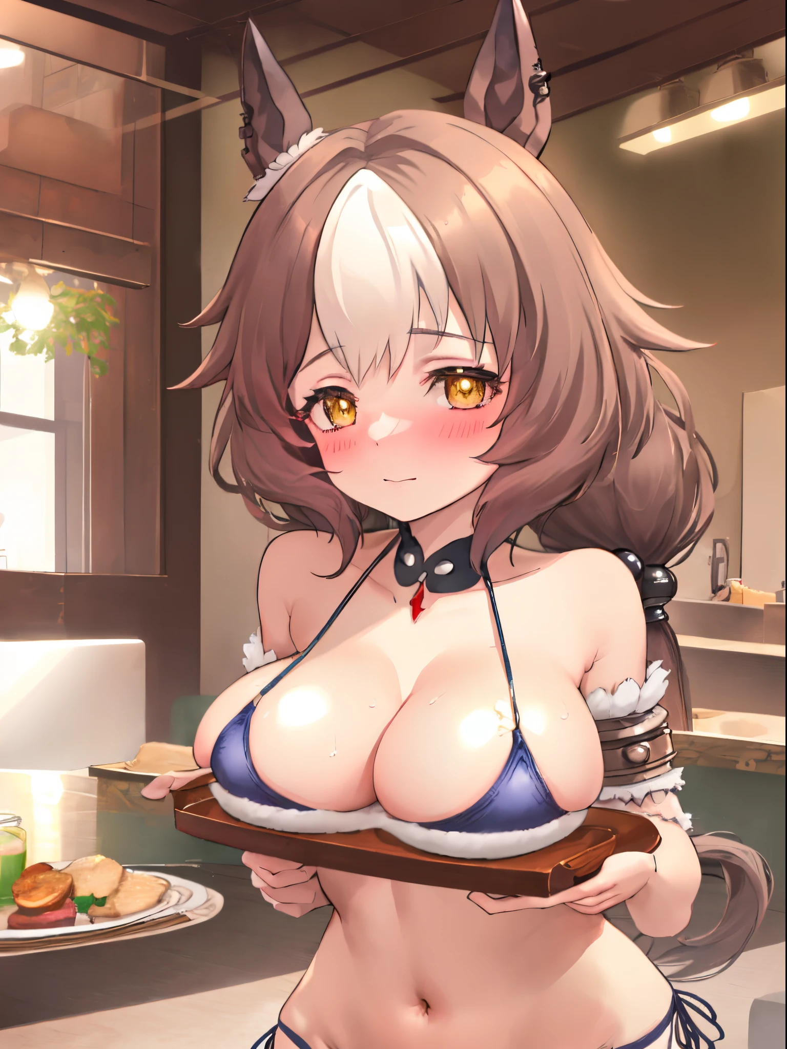 (Best Quality, 16 K, ultra-detailliert, Photorealistic, Beautiful skin, Professional light naughty work}}}, Best Quality, The upper part of the body, Staring, Yamanin Zephyr(Uma Musume), Young girl pose,NSFW, The bikini, Embarrassed look,Mansuji, report, One girl, breasts on tray,large full breasts, I can see the streak, R-18, breasts on tray,