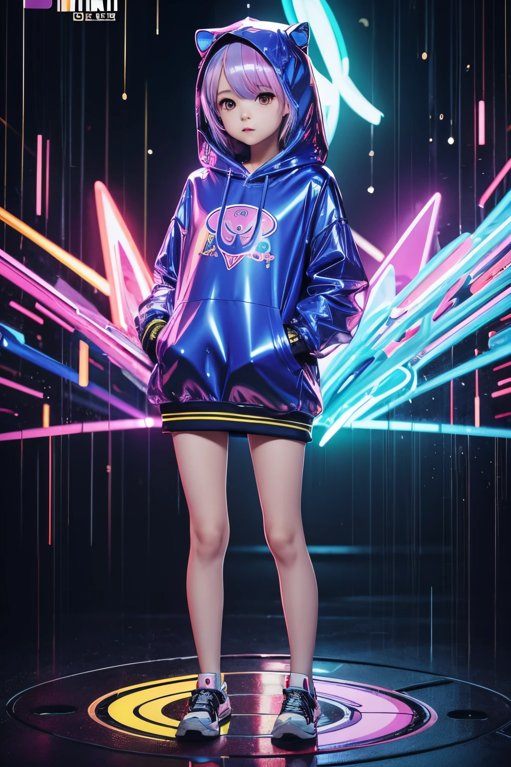 （Super cute Q version baby girl Rem standing in the rain with transparent plastic hoodie：1.4）, Rainbow illustration, magically glowing, shiny colorful, handwriting, by Yuumei, Anime art wallpaper 8k, Guviz-style artwork, anime art wallpaper 4k, anime art wallpaper 4k, beautiful anime artwork, digital anime art, Guviz，（Full body like：1.5）