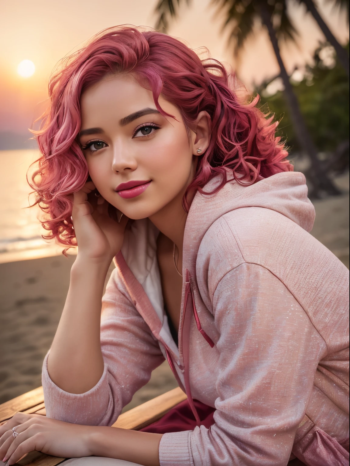 ((best quality)), ((masterpiece)), (detailed), (a full photograph of a beautiful 28-year-old girl, (Smiling:0.5), (Highly detailed face:1.4),, Nikon D850, film stock photograph, 4 Kodak Portra 400, camera f1.6 lens, saturated colors, hyper realistic, lifelike texture, dramatic lighting, Cinestill 800, Vintage lighting, Medium curly hair, perfect face , (masterpiece, low angle wide-shot, high quality), (full-body portrait:1.1), solo, hanging in a beautiful beach with sunset, sitting in a cafe, hand in her hair pose, bright pink hair, brown eyes, red lipstick, red eye shadow, blush, ( bright pink hair:1.3), 28 years old:1.3), pure innocence, (light smile:1:1), in love, red cargo pants with white hoodie, detailed natural skin texture, seductive gaze, detailed lighting, (wine Red:1.1) , shallow depth of field, romantic sitting, dreamy pastel palette, whimsical details, captured on film, (intricate details:0.5), Her skin a flawless deep honey, exuding a natural glow, photorealistic woman, flower dress, colorful, darl background, Romance_Fantasy theme, exposure blend, full shot, bokeh, (hdr:1.4), high contrast, (muted colors, vibrant colors, soothing tones:1.3), low saturation , crowded place , enjoying