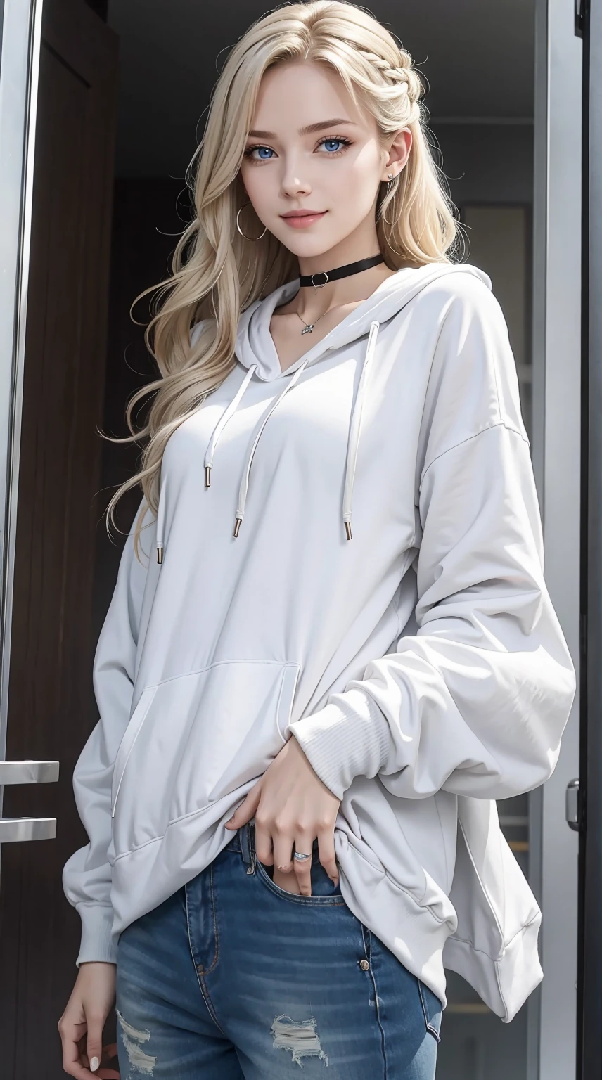 25-year-old Caucasian woman、platinum-blonde、blue eyess、Semi-long、My hair is wavy、Hair is tied up、accessories on the wrist、wearing a choker、a smile、Tall and slender, with a well-proportioned, slender, muscular body、I don&#39;t want my head to disappear from the screen.、Wearing a hoodie and covering the hood、I have my hand in my pants pocket、a smile