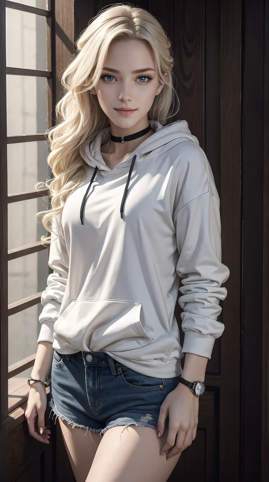 25-year-old Caucasian woman、platinum-blonde、blue eyess、Semi-long、My hair is wavy、Hair is tied up、accessories on the wrist、wearing a choker、a smile、Tall and slender, with a well-proportioned, slender, muscular body、I don&#39;t want my head to disappear from the screen.、Wearing a hoodie and covering the hood、I have my hand in my pants pocket、a smile