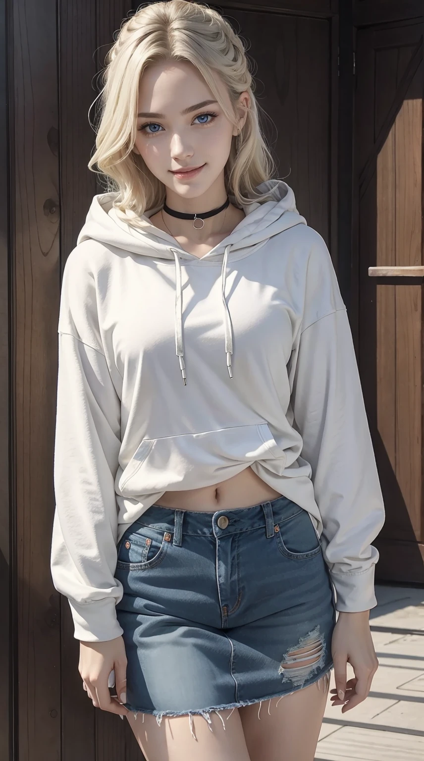 25-year-old Caucasian woman、platinum-blonde、blue eyess、Semi-long、My hair is wavy、Hair is tied up、accessories on the wrist、wearing a choker、a smile、Tall and slender, with a well-proportioned, slender, muscular body、I don't want my head to disappear from the screen.、Wearing a hoodie and covering the hood、I have my hand in my pants pocket、a smile