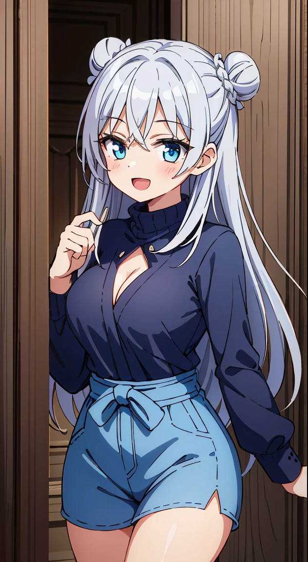 (masutepiece, Best Quality, Perfect Anatomy, High quality:1.4), nice hand, Perfect hands, Detailed beautiful hands, Large_filesize, fulcolor, hight resolution, symmetric, exceptional, Best aesthetic, newest, Anime, very beautiful detailed body,The hair,faces,The eye,BREAK,



1 beautiful girl, 1girl in, (Cute:1.5),(Cool:0.8), (Beauty:1.5),(Chibi:0.5), ( girl), (girl, Older sister, Unclear, Beautiful face of Japan:1.2) BREAK, (A detailed eye,Tsuriformes:1.2),(Silver hair,Long hair in a bun,Deco:1.8), Star eyes silhouette thick eyelashes, Double eyelids:1.2), cleavage,Swaying udder, Clear skin, Beautiful skin, Shy, Erect ,Clear skin, Beautiful skin, Shy, gleaming skin,(best quality face),(Top quality glowing eyes),(The best smile,:D:1.45),  BREAK,

turtleneck poncho cape,
Cozy turtleneck poncho cape in neutral tones like gray and camel,
Add flair with fringe and asymmetrical hem,
Pair with skinny jeans and knee-high boots、Enjoy a comfortable and stylish fall look。,
Break Break ,(plein air),
( Landscape background :1.3) ,
(A very beautiful woman seen from the entrance :1.3) ,
(the woman arrived home :1.3) ,
(opened the entrance door :1.4),
(SWAT standing:1.3),
(the i&#39;full of shyness :1.4),
(timid :1.2) ,
(upward looking gaze :1.2) ,
Looking Up ,
From  above ,depth of fields,

 BREAK,wakame,wakame,wakame,(Cowboy Shot:1.4), 

BREAK,(Blurry background:1.3),(absurderes, hight resolution, Super Detail Art),cel shading,Clear Color, Lonely optical effect, Beautiful pictures, Bright glow, mystic atmosphere,(Close-up of girl:1.1), Mystical light particle effect,manga influence, clean line drawings,