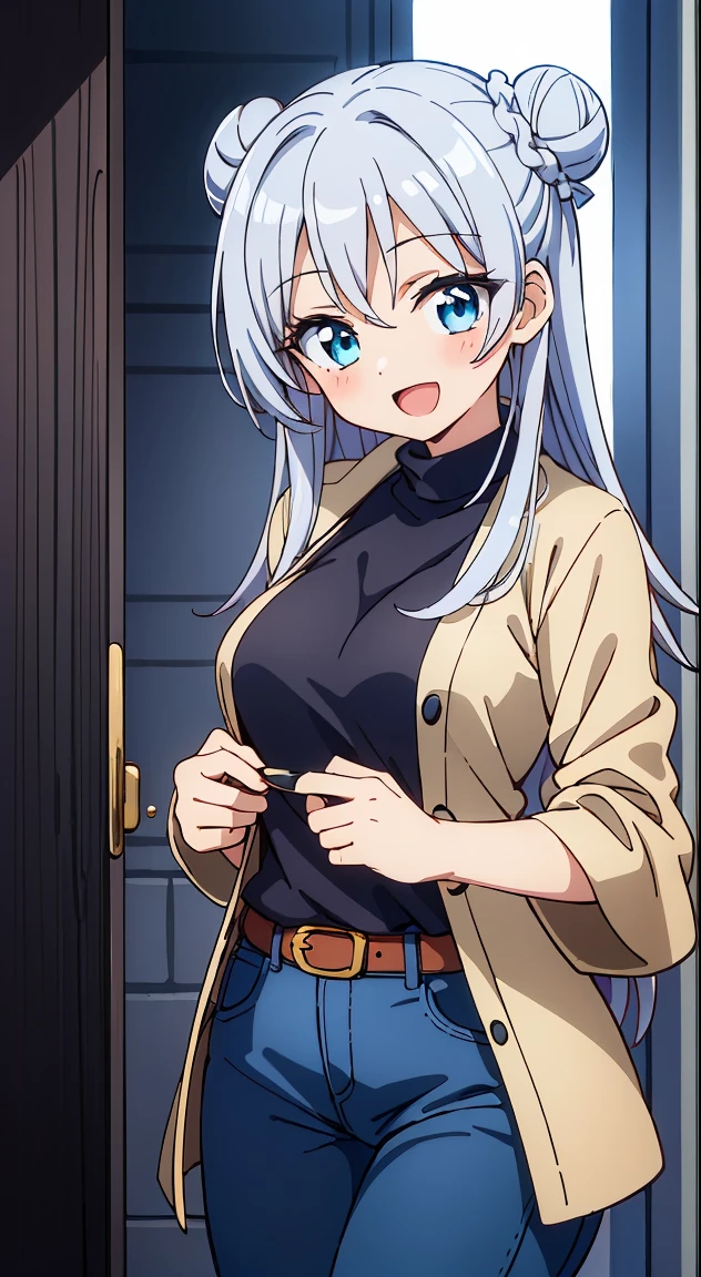 (masutepiece, Best Quality, Perfect Anatomy, High quality:1.4), nice hand, Perfect hands, Detailed beautiful hands, Large_filesize, fulcolor, hight resolution, symmetric, exceptional, Best aesthetic, newest, Anime, very beautiful detailed body,The hair,faces,The eye,BREAK,
1 beautiful girl, 1girl in, (Cute:1.5),(Cool:0.8), (Beauty:1.5),(Chibi:0.5), (17 years old girl), (girl, Older sister, Unclear, Beautiful face of Japan:1.2) BREAK, (A detailed eye,Tsuriformes:1.2),(Silver hair,Long hair in a bun,Deco:1.8), Star eyes silhouette thick eyelashes, Double eyelids:1.2), cleavage,Swaying udder, Clear skin, Beautiful skin, Shy, Erect ,Clear skin, Beautiful skin, Shy, gleaming skin,(best quality face),(Top quality glowing eyes),(The best smile,:D:1.45), BREAK,
turtleneck poncho cape,
Cozy turtleneck poncho cape in neutral tones like gray and camel,
Add flair with fringe and asymmetrical hem,
Pair with skinny jeans and knee-high boots、Enjoy a comfortable and stylish fall look。,
Break Break ,(plein air),
( Landscape background :1.3) ,
(A very beautiful woman seen from the entrance :1.3) ,
(the woman arrived home :1.3) ,
(opened the entrance door :1.4),
(SWAT standing:1.3),
(the i'full of shyness :1.4),
(timid :1.2) ,
(upward looking gaze :1.2) ,
Looking Up ,
From above ,depth of fields,
BREAK,wakame,wakame,wakame,(Cowboy Shot:1.4),
BREAK,(Blurry background:1.3),(absurderes, hight resolution, Super Detail Art),cel shading,Clear Color, Lonely optical effect, Beautiful pictures, Bright glow, mystic atmosphere,(Close-up of girl:1.1), Mystical light particle effect,manga influence, clean line drawings,