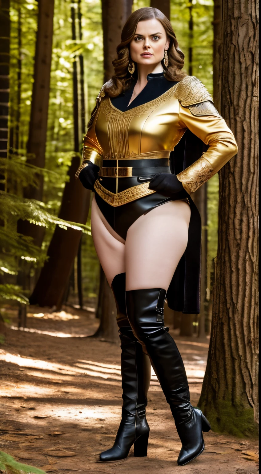 Emily Deschanel als ?????? im goldenen-Lackleder-Body-Outfit, chubby figure, nackte Scheide, wears earrings, She wears gold oberschenkelhohe Stiefel, she has pronounced pubic hair, forest background