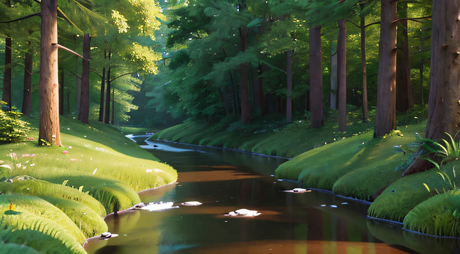 um pequeno rio na floresta, 3D animation style