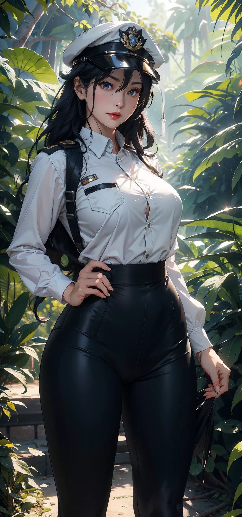 1female,Small loli,little breast,long leges,Thin waist, photo exposure, 独奏,(Background with:at a forest,the rainforest,in summer) She has long black hair,Redlip,The stands up,seen from the front, curlies, The sky is mostly cloudy,(((tmasterpiece),(Very detailed CG unified 8k wallpaper),Best quality,电影灯光,detailed back ground,beautidful eyes,Bright pupils,(very delicate beautiful),(Beautiful and detailed eyes description),ultra - detailed,tmasterpiece,)),facing at the camera,A high resolution,ultra - detailed),Expose breasts exposed,Bare genitals, convex,Camel toes,Raised sexy,police officers(dressed in:,police hat,Police uniform,lace panty,Blue shirt,police badge)