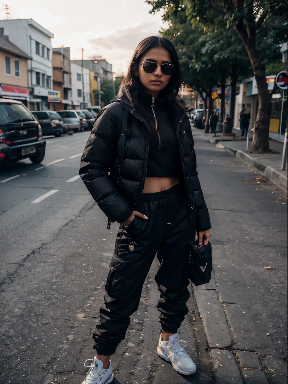 1 cute confident young indian girl in black roadman outfit, height 160 centimetres, petite build, fair skin, average hair length of 60 centimetres, photorealistic, detailed eyes, highly detailed, 8k, northface black puffer jacket, black cargo pants, black LV fanny pack, black sunglasses, polaroid photo