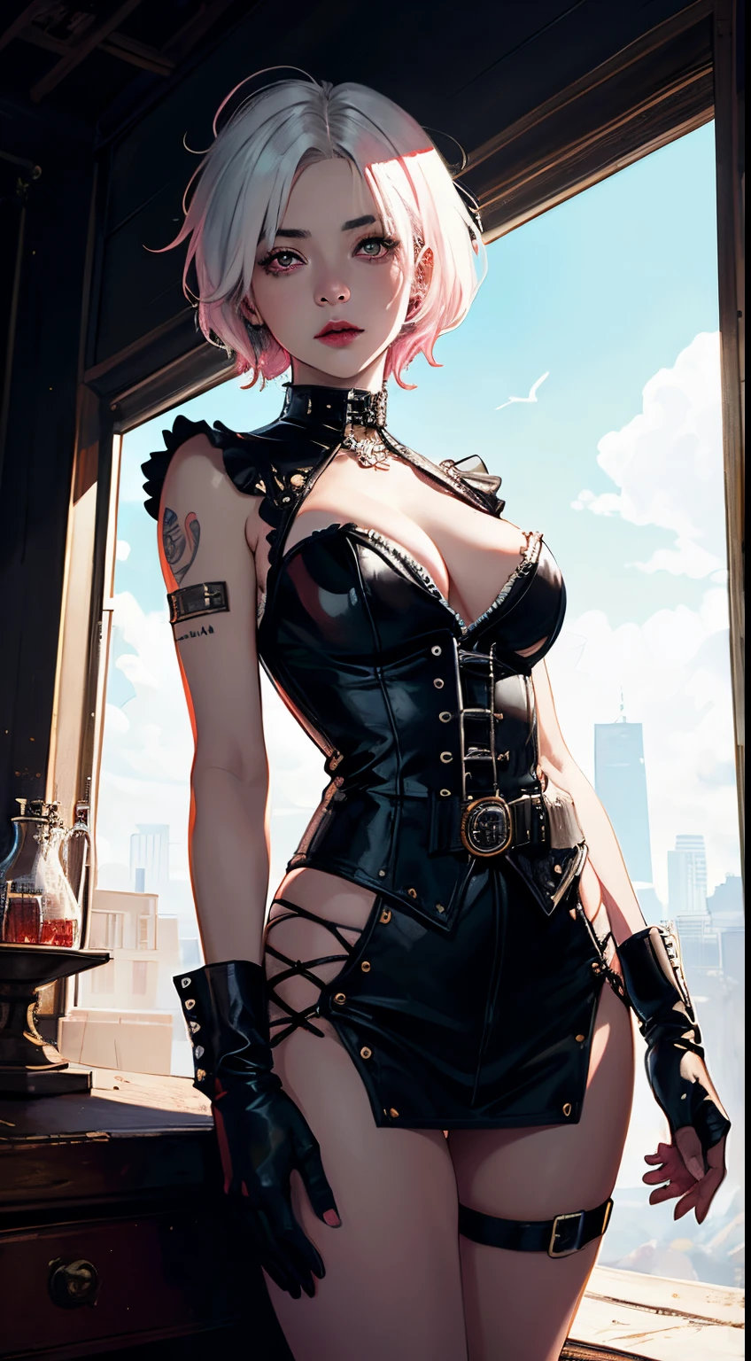 1girl, short white hair(punk), bright glowing pink eyes, pale skin, wearing leather bodice, steampunk, intricate detail, chiaroscuro, absurdres, high res, ultrasharp, 8k, masterpiece, looking at viewer