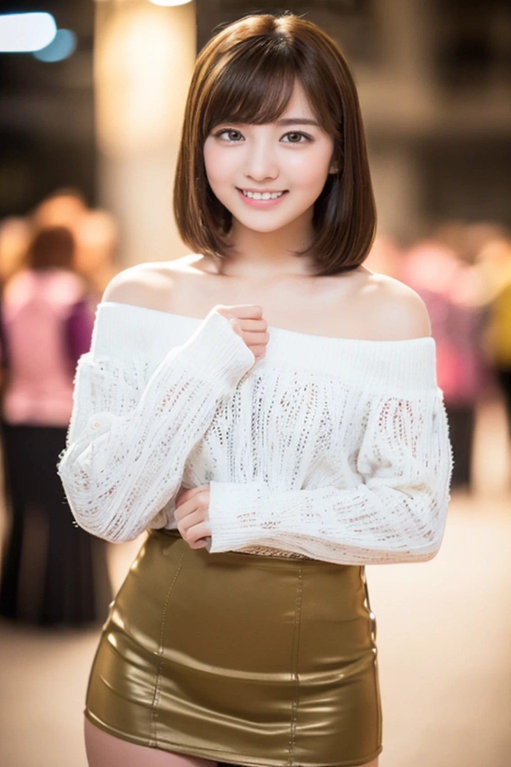 (ultra-detailliert、A hyper-realistic: 1.3)、Dazzling smile、Cute Korean、(detailed and bright eyes: 1.4)、(shoulder length brown straight hair、Long bangs、Beautiful teeth alignment: 1.5)、( 8K、Raw photo、Background bokeh: 1.2)、(Super beautiful、Very young face、Ultra-realistic skin texture: 1.4)、(long sleeves without pattern、a miniskirt: 1.5)